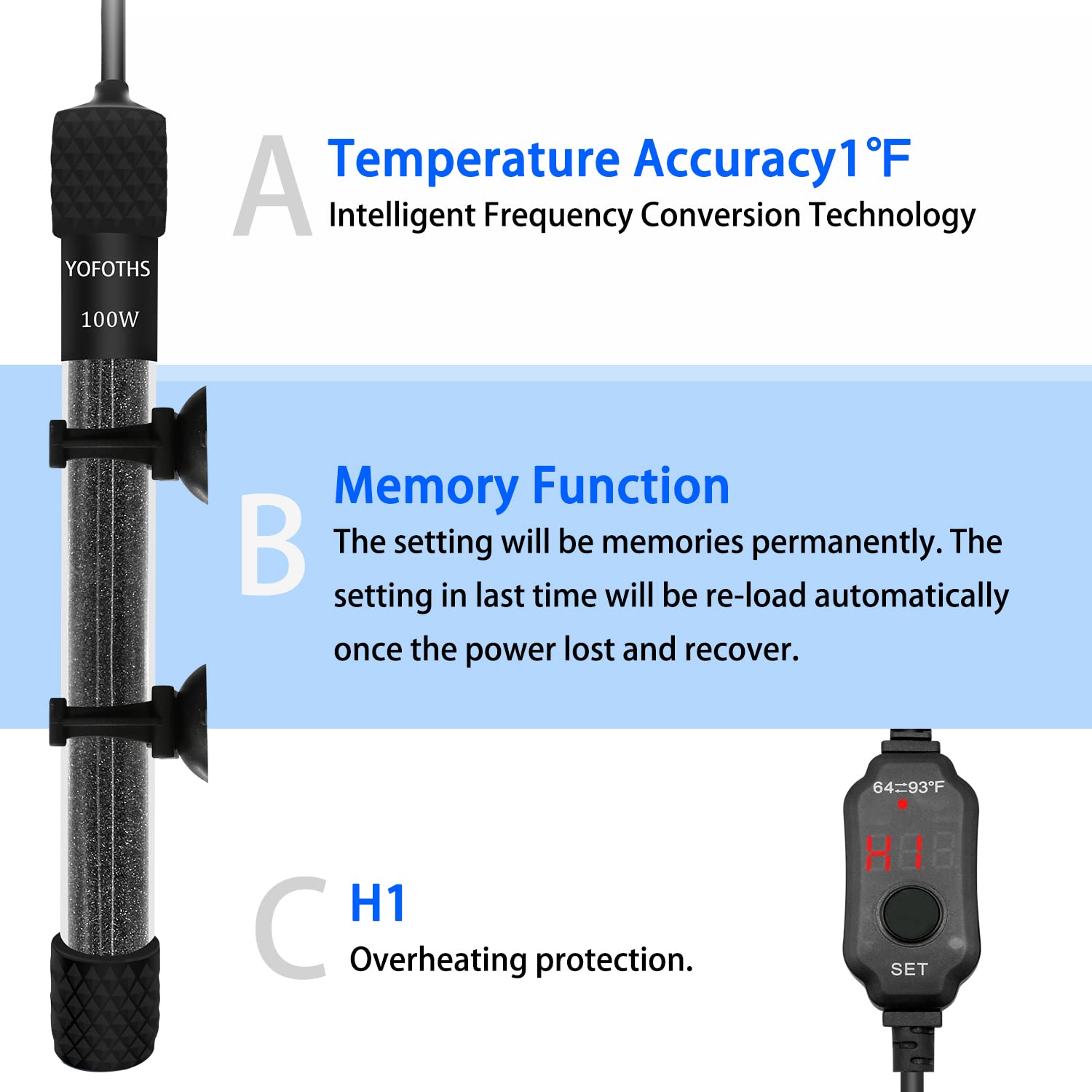 Yofoths Adjustable Mini Aquarium Heater 10-20 Gallons Submersible Small Fish Tank Heater 100W Digital Display Thermostat External Temperature Controller (100W)