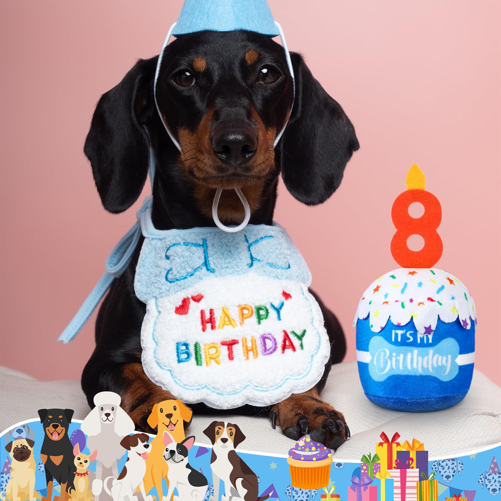 Dansydaisy Dog 8Th Birthday Cake Toy Accessories For Girl Boy Gifts, Blue Squeaky Plush Toy For Dog Birthday Party Decor Favor F