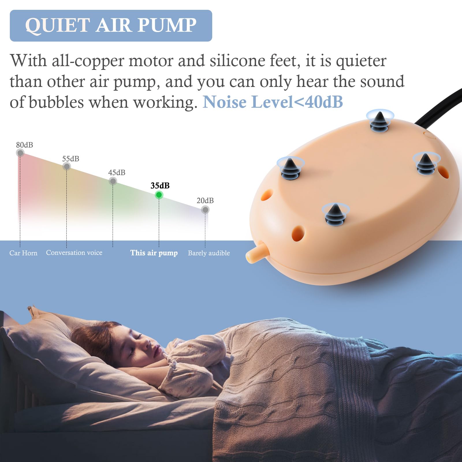 FEDOUR Mini Aquarium Air Pump, Quiet Oxygen Pump for Up to 20 Gallon Tanks, Plastic, Orange, Model 135