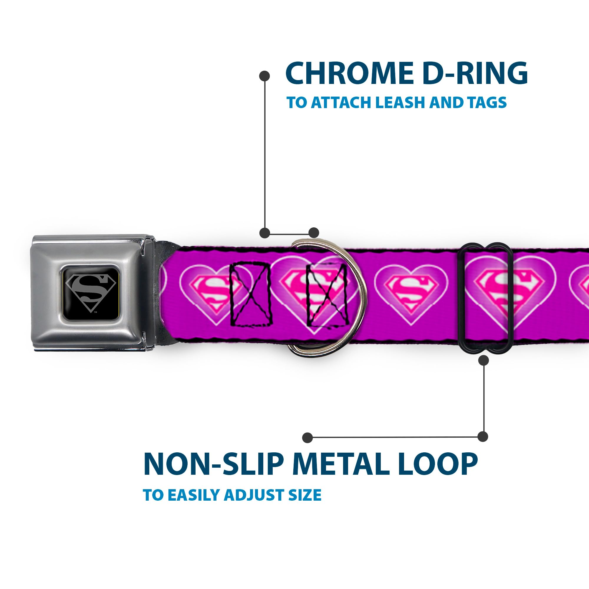 Buckle-Down Seatbelt Buckle Dog Collar - Superman Logo In Heart Purple/White/Pink - 1.5' Wide - Fits 16-23' Neck - Medium