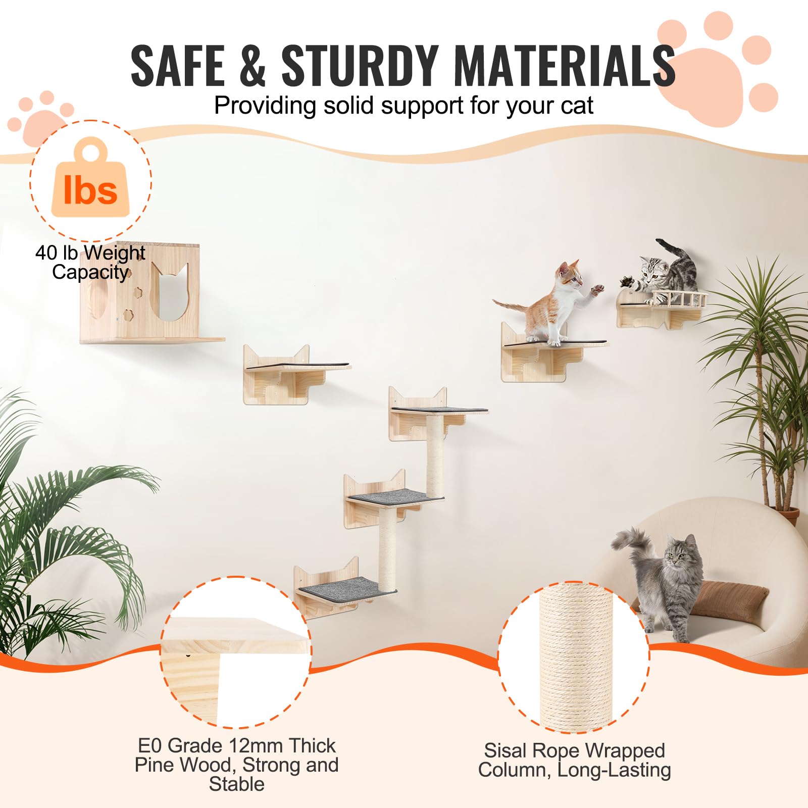 VEVOR Wall Mounted Cat Shelves and Perches With Jumping Boards, Nest, Barrier Board & Tree, Floating Furniture up to 40 lbs for