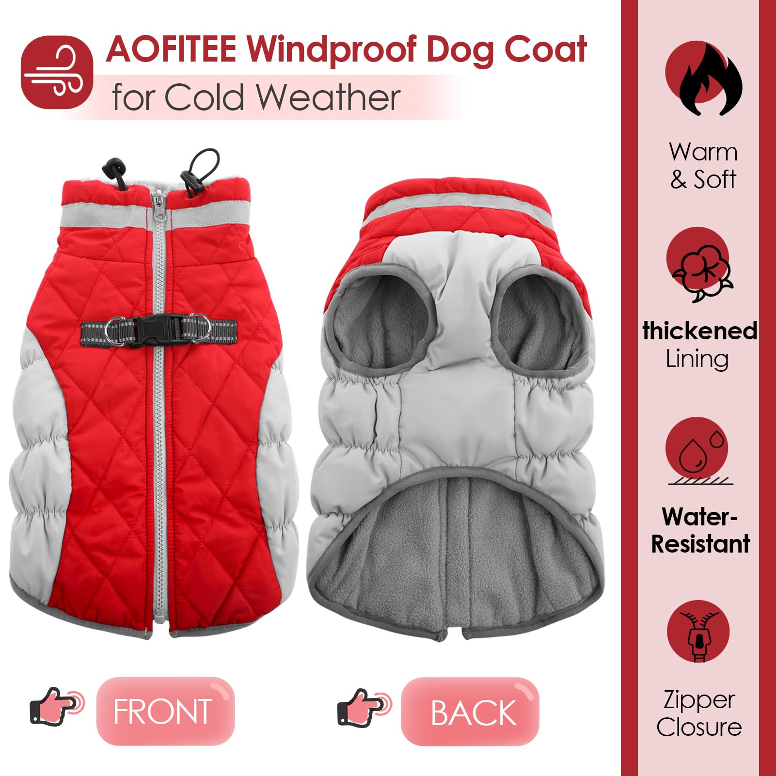 Aofitee Dog Coat, Warm Dog Winter Coat, Reflective Cold Weather Dogs Puffer Jacket With Harness Built In, Waterproof Pet Fleece