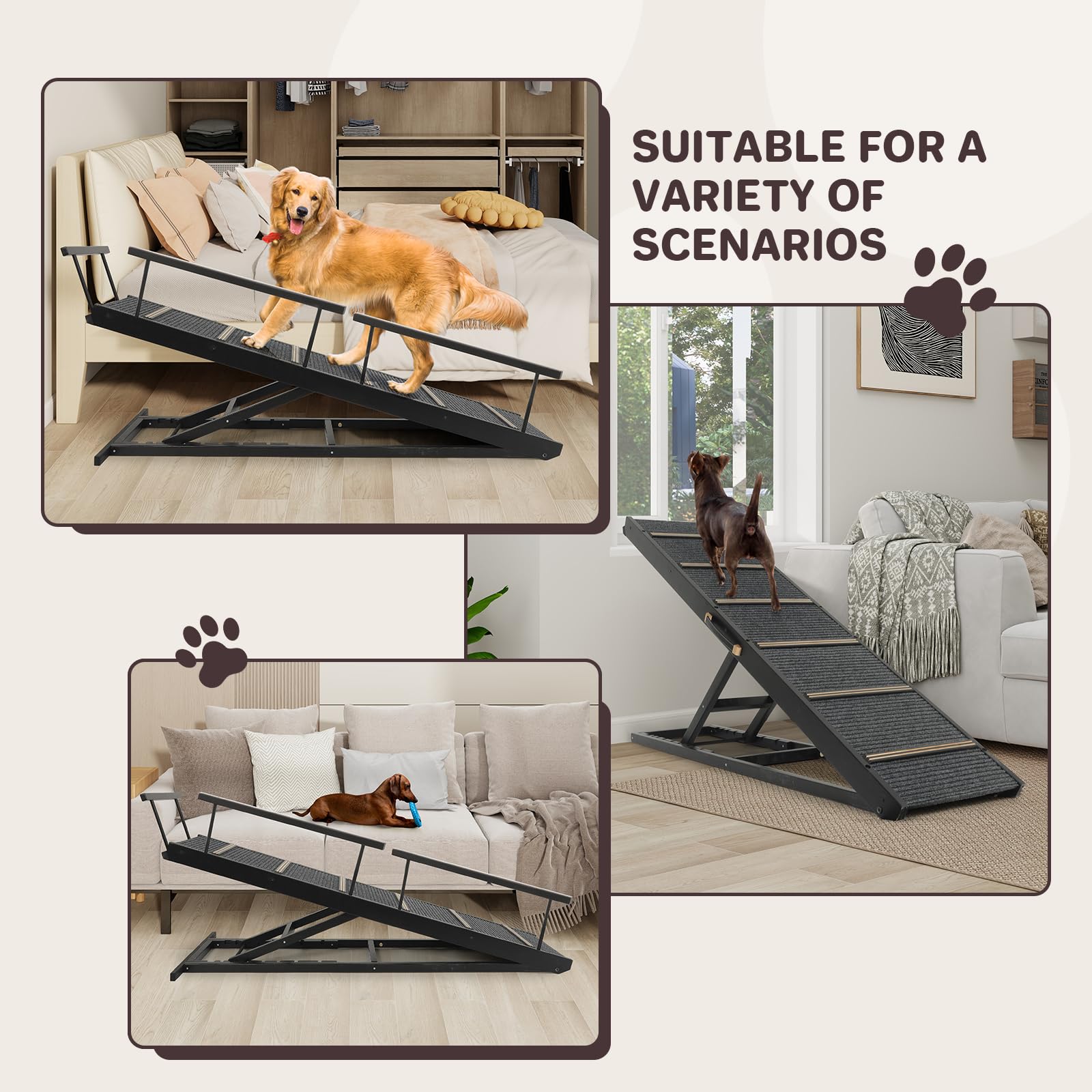PANTAZO Pet Ramp Folding Portable Wooden Dog & Cat Ramps for Couch or Bed, Including Non Slip Mat & Safety Side Rails, 64.2 Inch