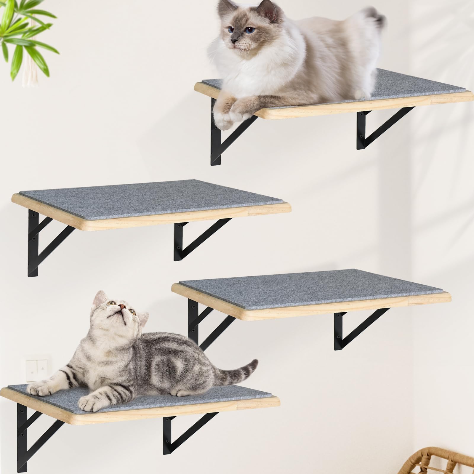 Cat Wall Shelves Set Of 4, Wood Cat Shelves For Wall, Cat Wall Bed Hammock With Scratching Pad, Cat Climbing Shelf For Sleeping 