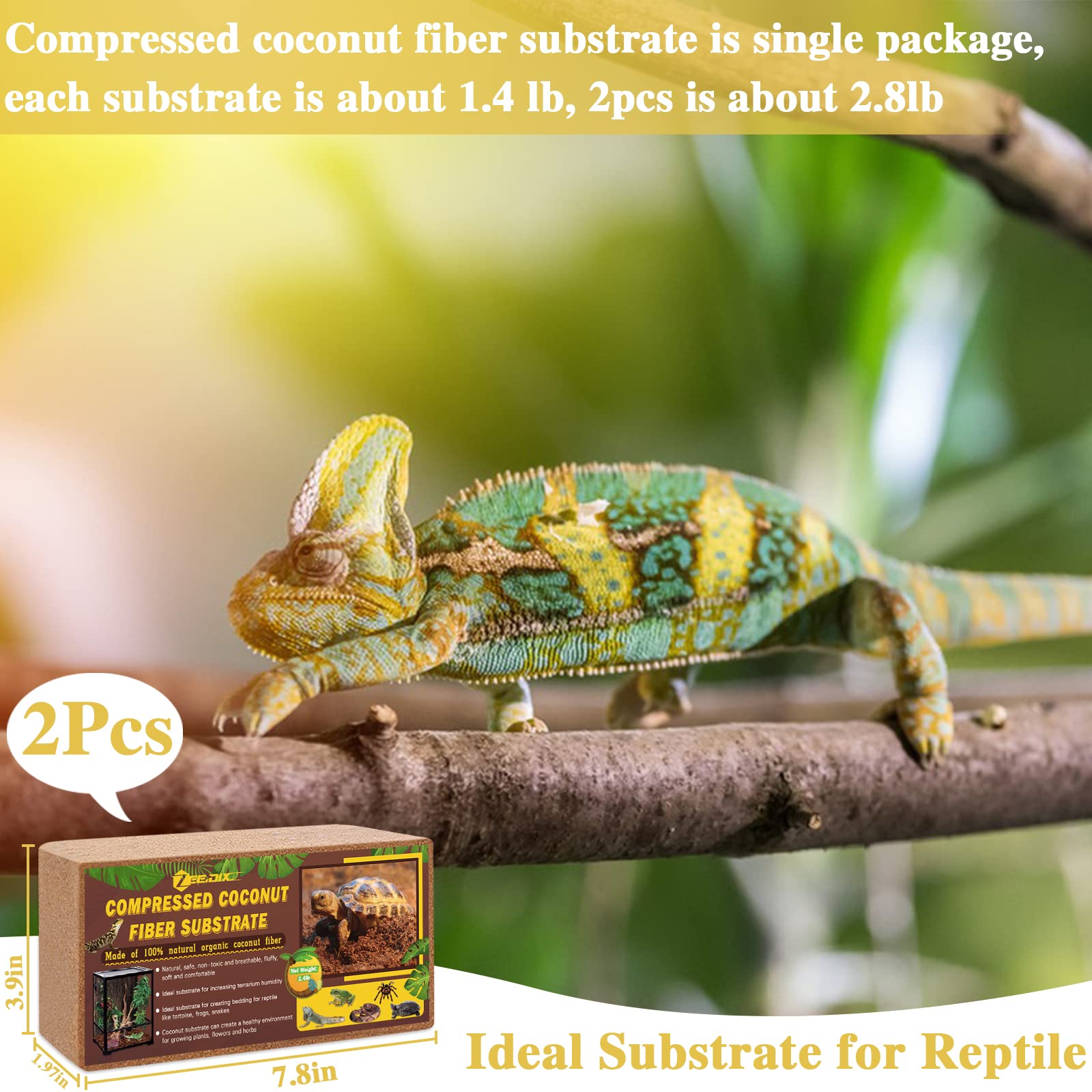 Zeedix 2Pcs Compressed Coconut Fiber Substrate, 100% Organic Coco Coir Fiber Brick Substrate Fluffy Bearded Dragon Tortoise Snake Terrarium Substrate Loose Natural Husk Terrarium Bedding For Reptiles
