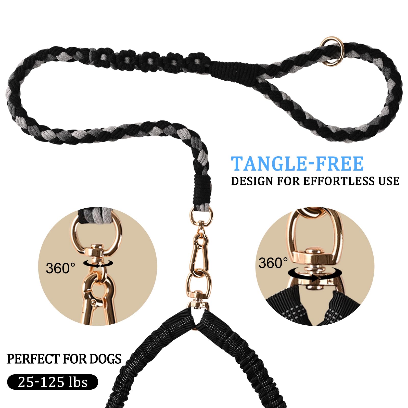 Dual Dog Leash,Double Dog 360 Swivel No Tangle Walking Leash,Comfortable Shock Absorbing Reflective Bungee For Two Dogs(Black)
