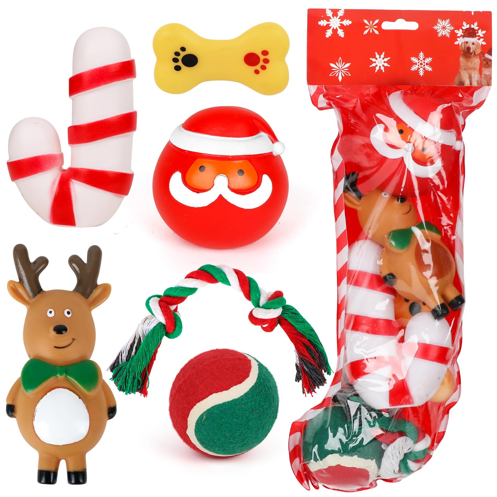Petuol Christmas Dog Stocking Toys, 6Pcs Xmas Dog Toy Set With Squeaky Toys