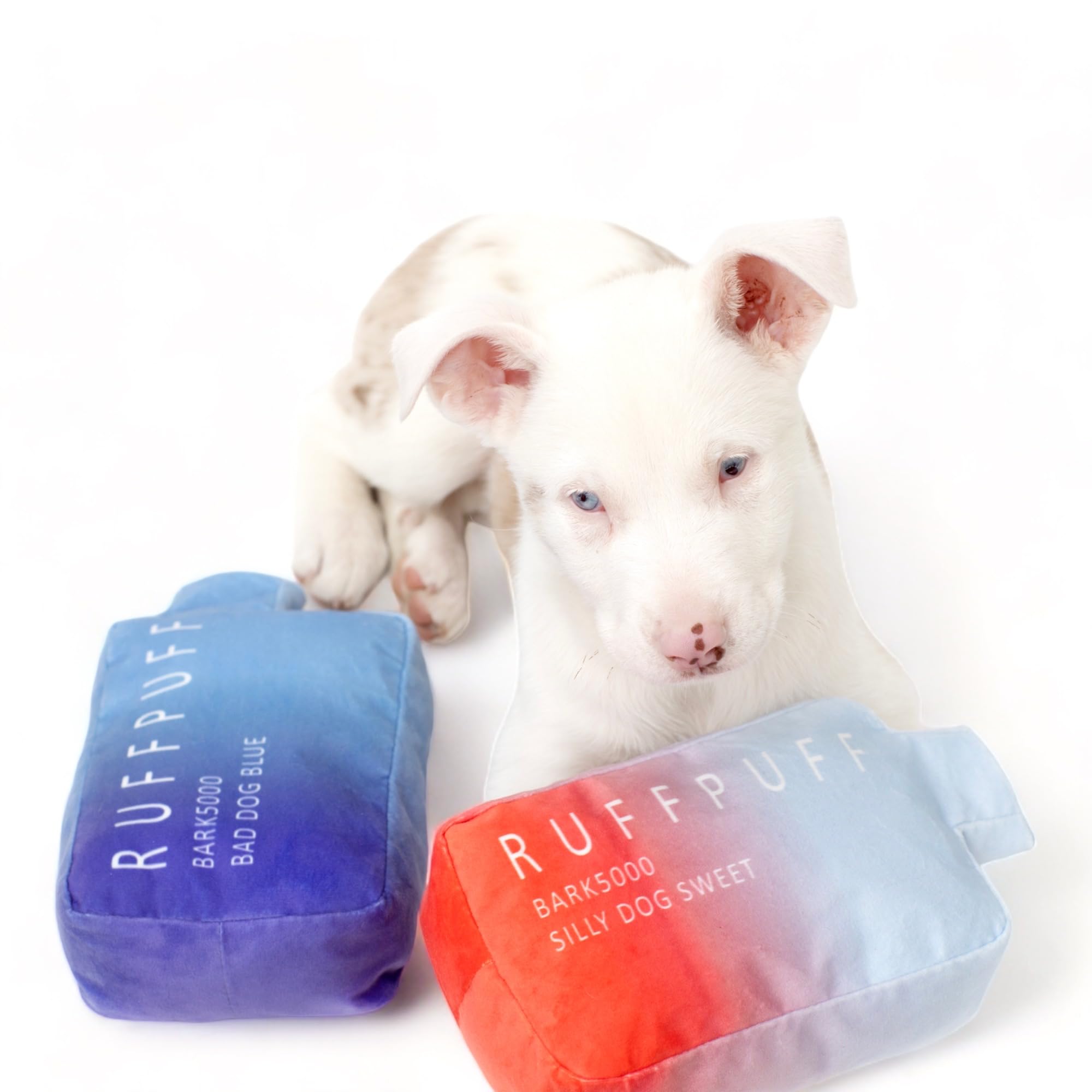 Ruff Puff Funny Cute Plush Dog Toy With Squeaker - Parody Puppy Toy - Dog Birthday Gift (Red, Blue)