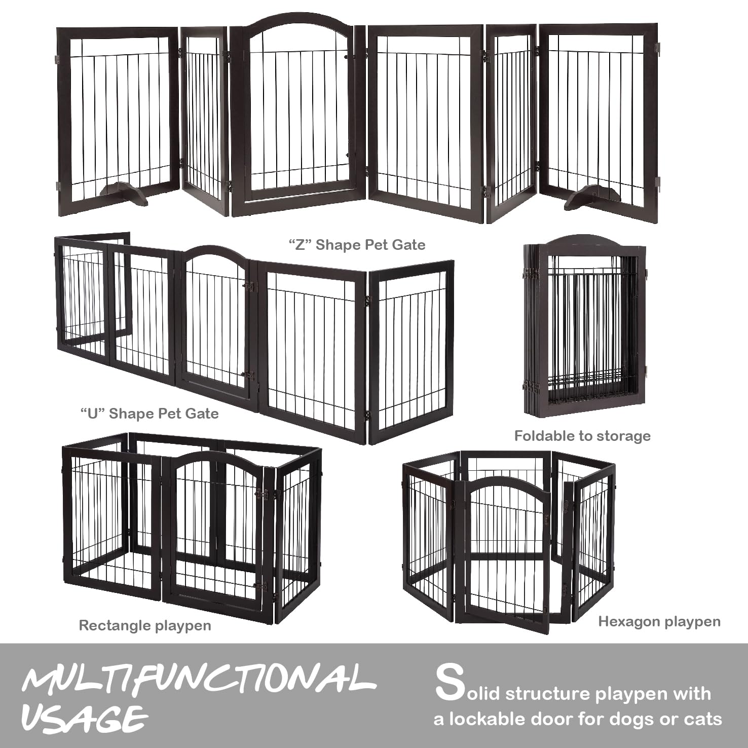 Pawland 144-Inch Extra Wide 30-Inches Tall Dog Gate With Door Walk Through, Freestanding Wire Pet Gate For The House, Doorway, Stairs, Pet Puppy Safety Fence, Support Feet Included, Espresso,6 Panels