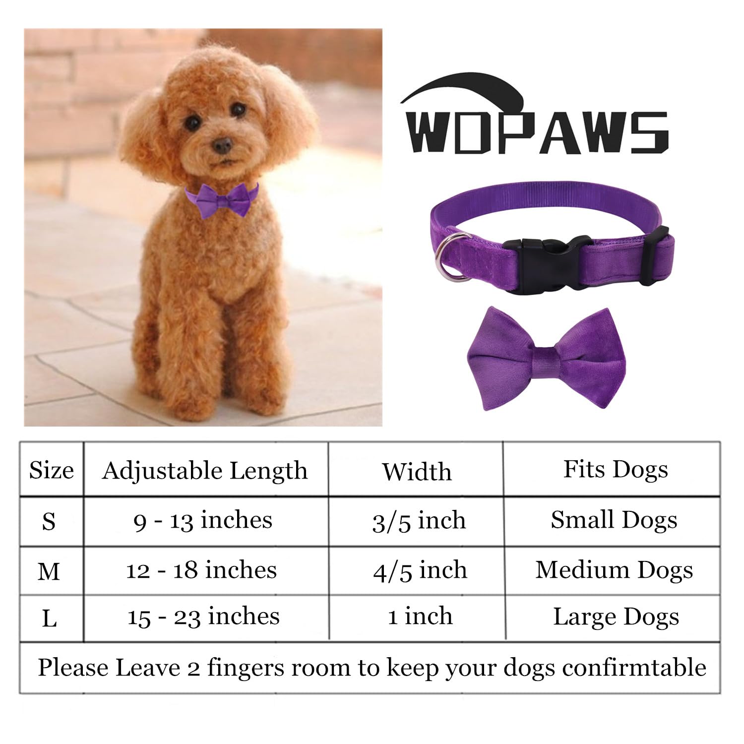 Wdpaws Dog Collar With Bowtie Soft Velvet Material With Quick Release Buckle For Large Dogs (Purple, L)