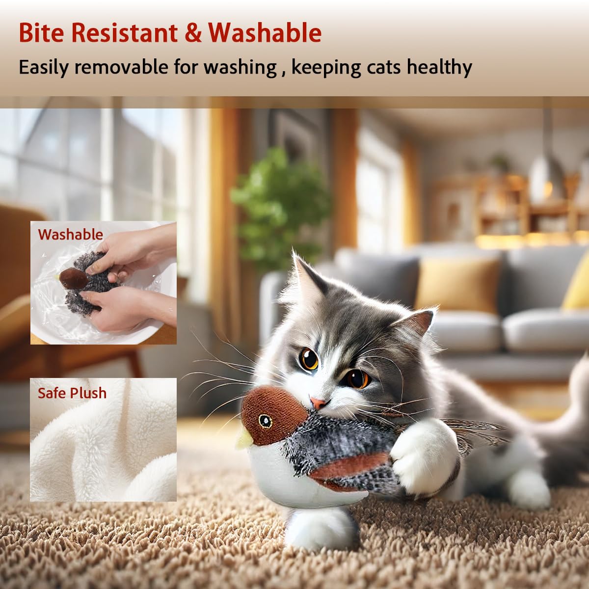 Vobest Realistic Cat Toys, Rechargeable Interactive Flappy Bird, Flapping Bird Sparrow, Touch Activated Kitten Toy Cat Exercise
