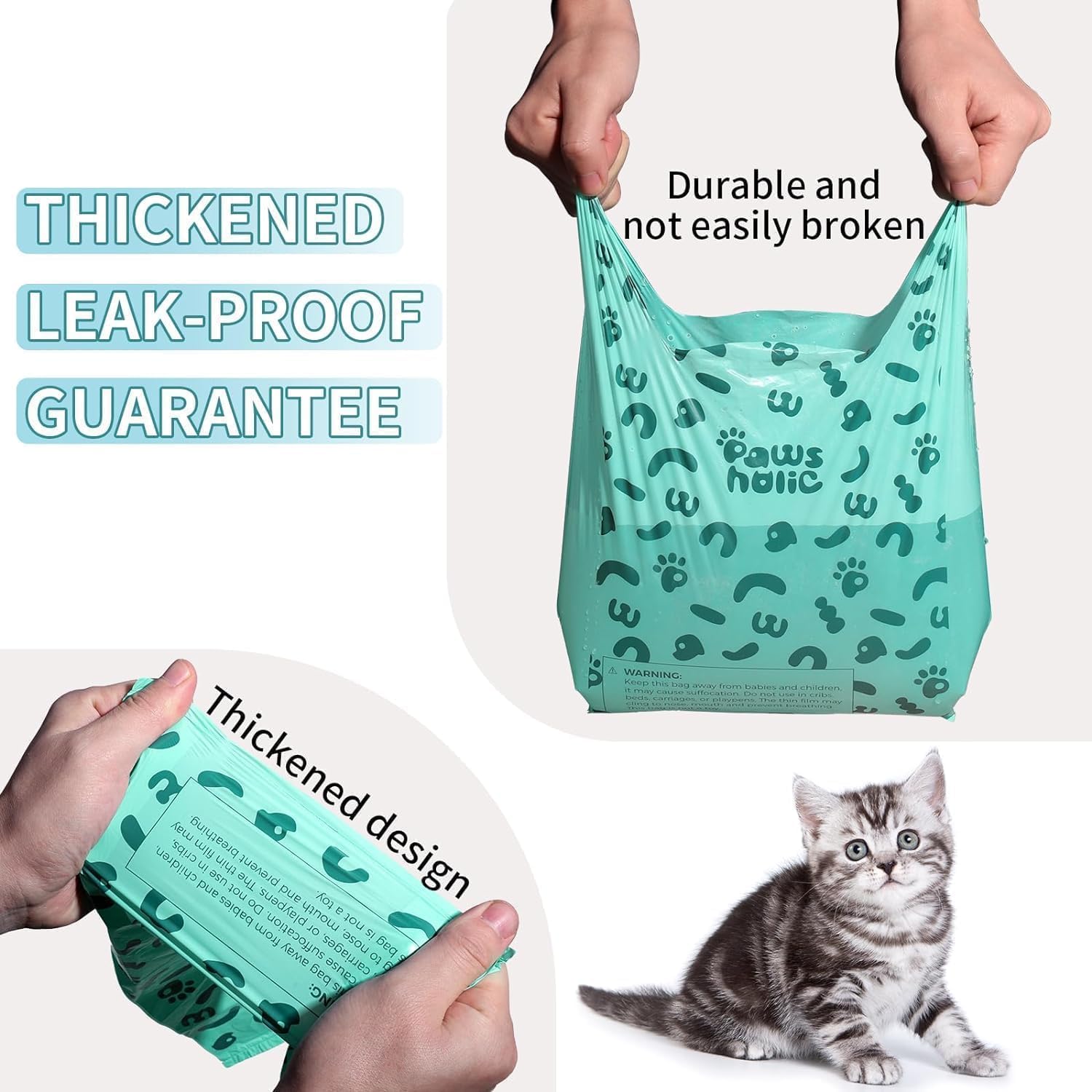 Cat Poop Bags - Pawsholic Biodegradable Cat Litter Bags With Handle,180 Count,Cornstarch Based Extra Thick&Leak-Proof,For Pet Po