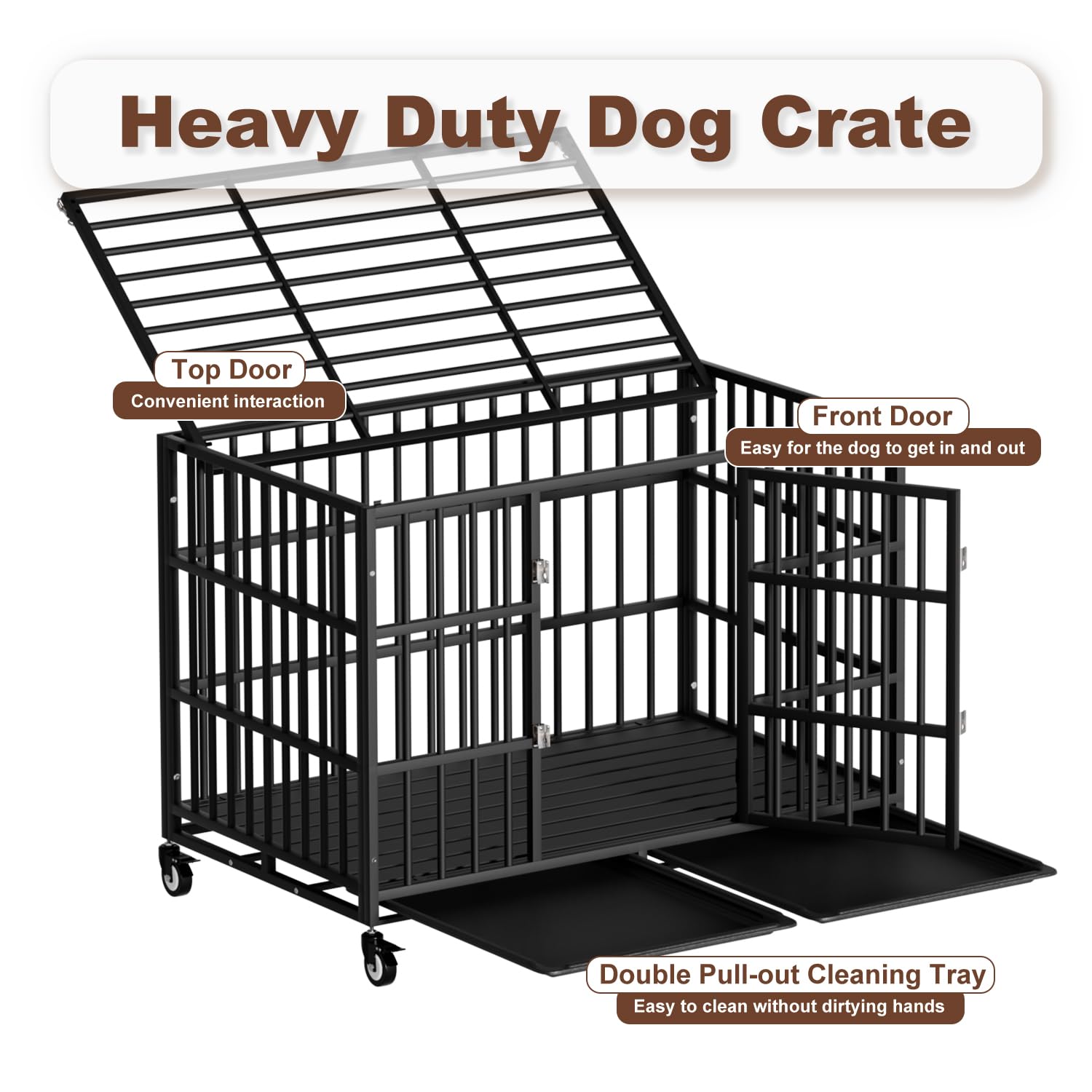 Snuowu 38 Inch Heavy Duty Dog Crate With Wheels,Indestructible Escape-Proof Dog Cage For Large Dogs, Extra Large Xl Xxl Indestru