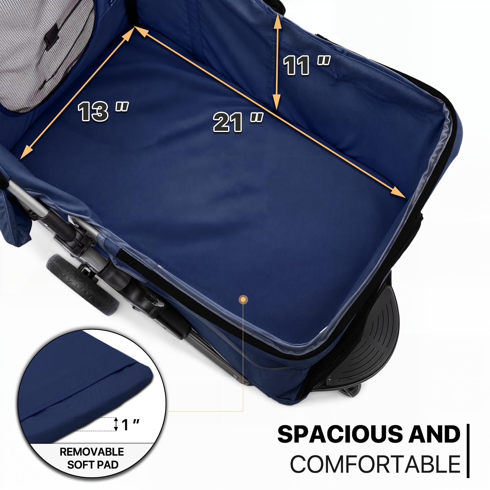 MoNiBloom Pet Stroller, Foldable Dog/Cat Jogger with Weather Cover, Storage Basket, Mesh, 13"x29"x40", Navy Blue, Model A78-PS-001-N