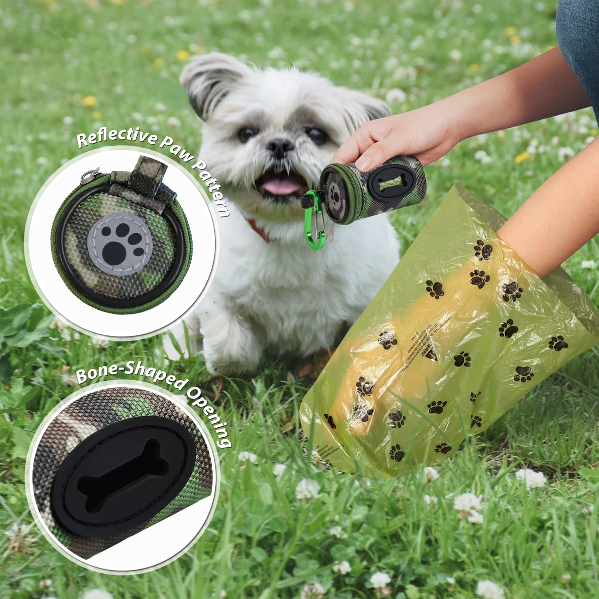 FURHAB Dog Poop Bag Holder - 1680D Nylon, Woodland Camo, Includes 1 Roll of Trash Bags, Model PBD-WLCA, Ideal for Leash Carrying