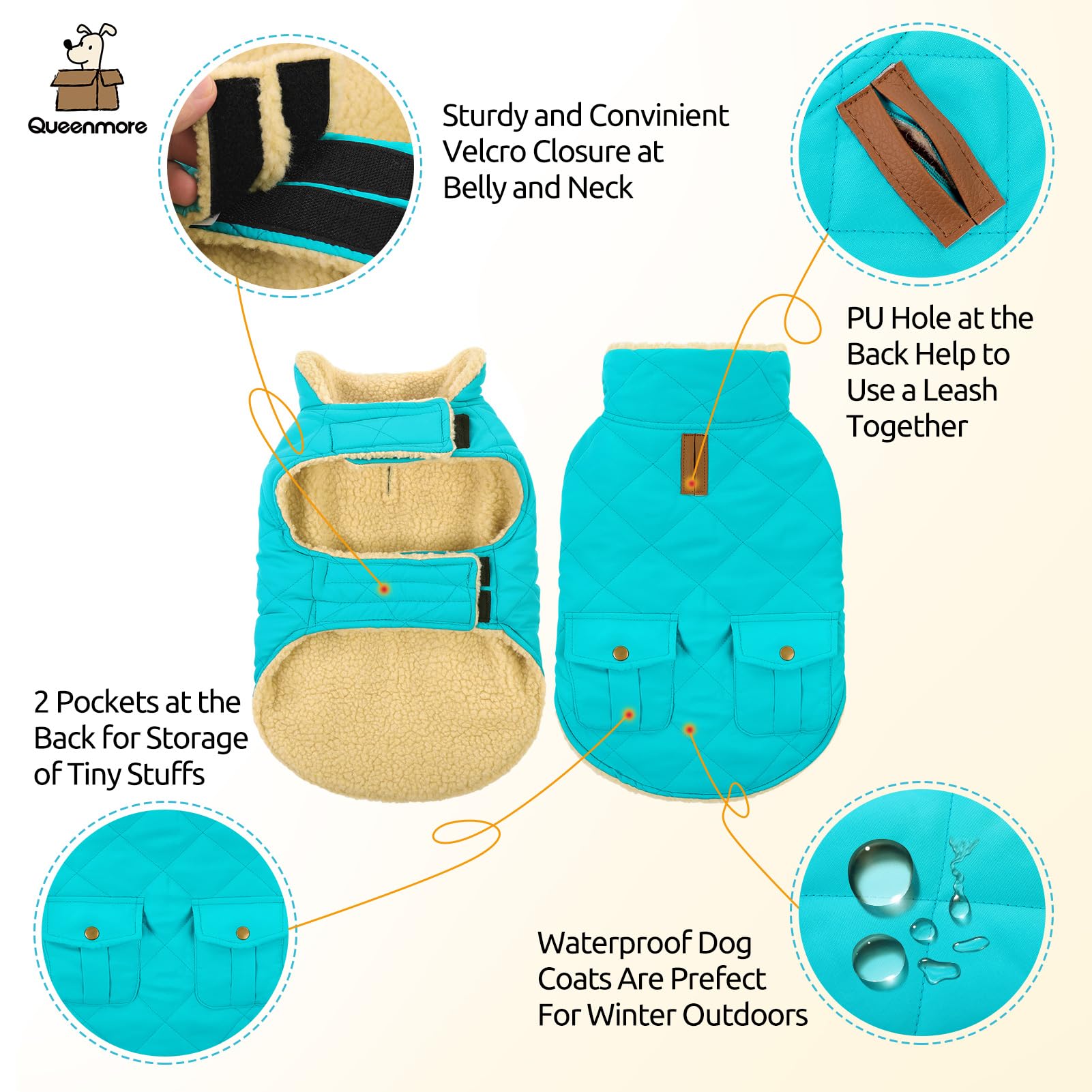 Queenmore Warm Puffer Dog Coat, Quilting Winter Jacket Ultra Thick Plush Fleece Lining Pet Clothes With Storage Pockets (Light B