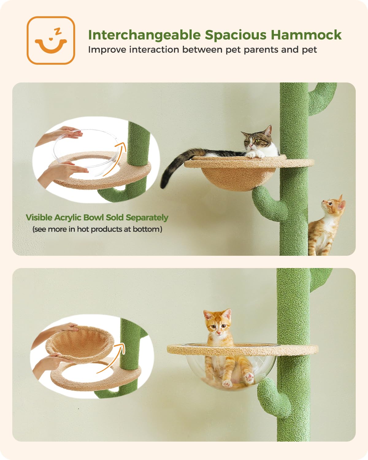 Pequlti Floor To Ceiling Cat Tree Adjustable Height (87''-100''), 5 Levels Cactus Cat Tower With Perch&Replaceable Hammock, 4.1'