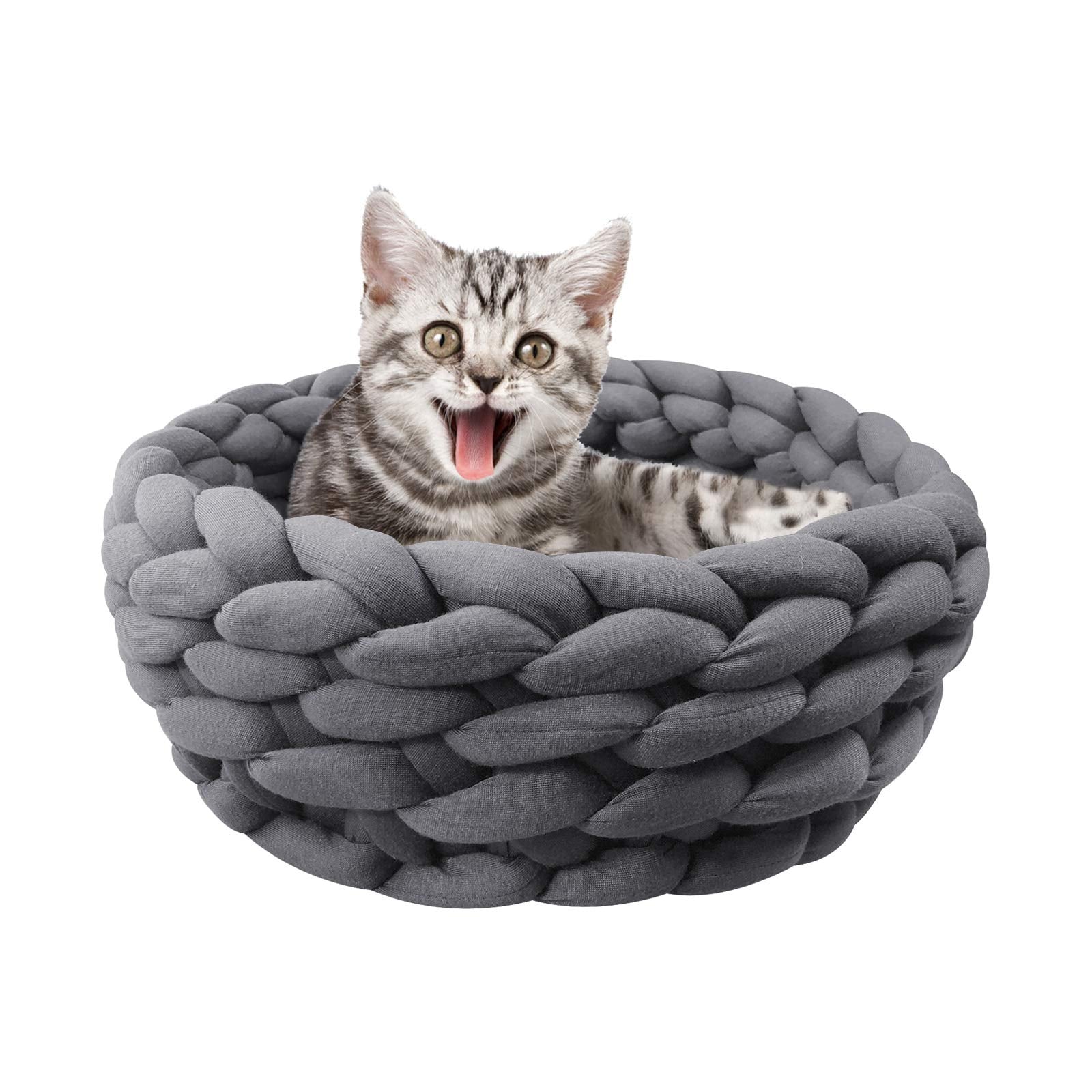 Lucky Monet Cat Basket Bed Cotton Knitted Round Pet Beds For Cats Cute Boho Cat Pet Bed Warm Woven Cat Nest For Puppy Kitten Cats Dogs (19.7', Blue)