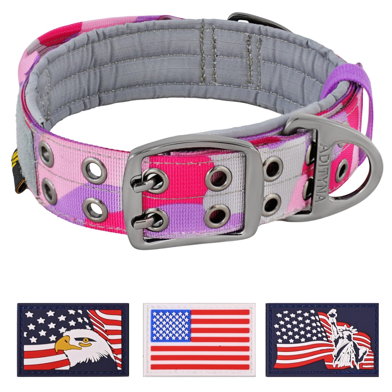 Adityna Heavy Duty Dog Collar For Extra-Large Dogs - Camo Pink Purple Collar With Handle For Training, And Walking - Wide, Tacti