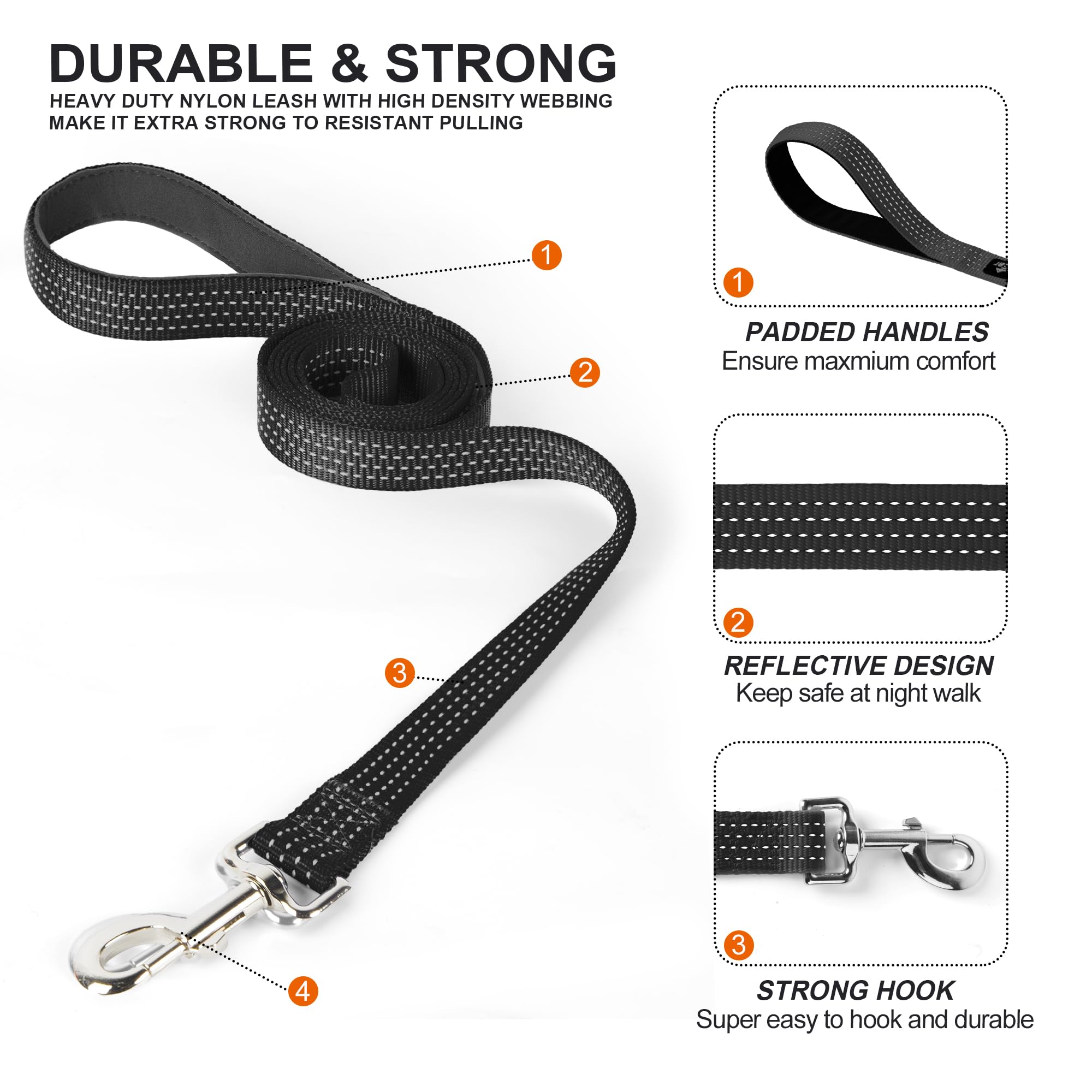 TwoEar 6FT Reflective Dog Leash, Heavy Duty Nylon with Padded Handle, Black for Small, Medium, and Large Dogs