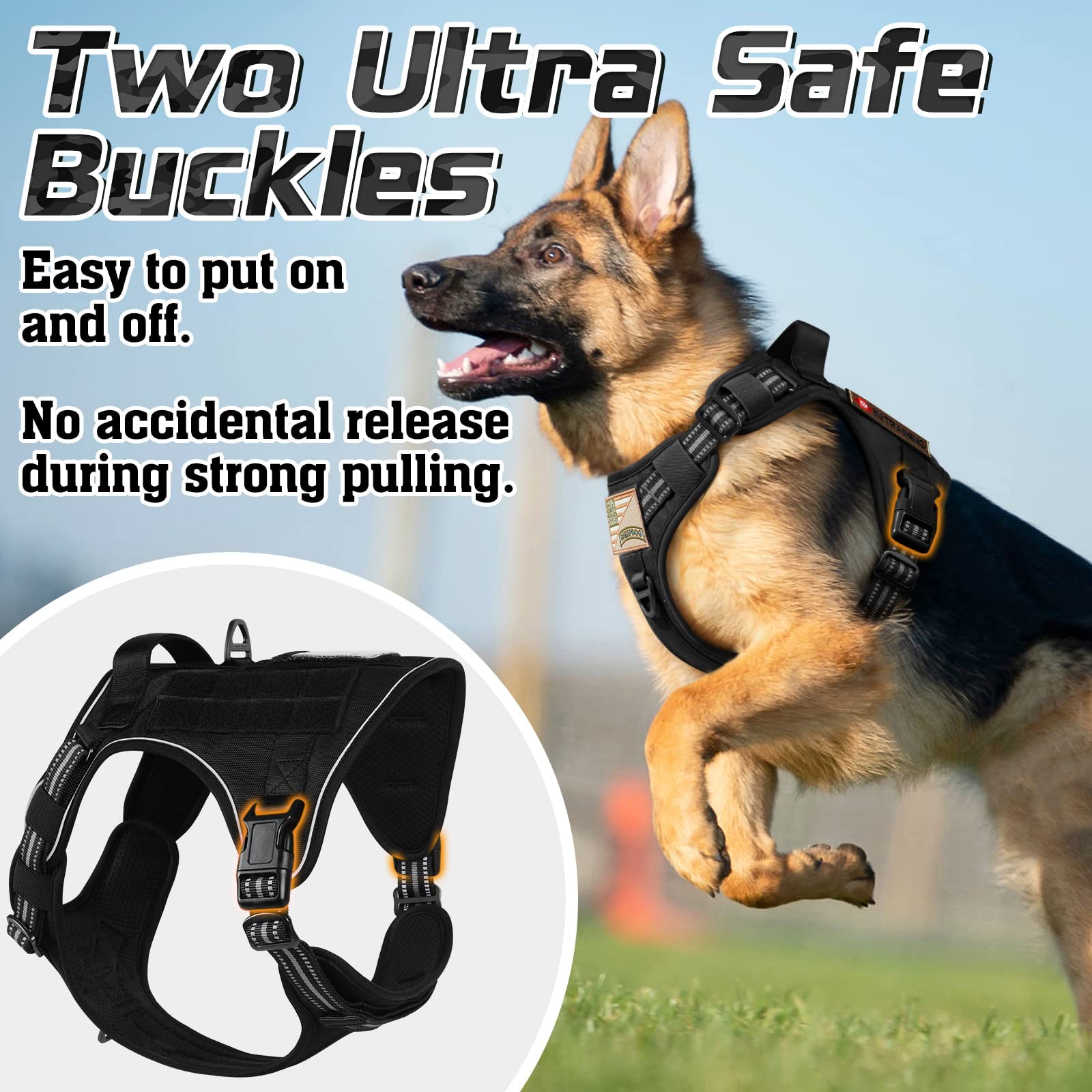 Rabbitgoo Dog Harness No Pull, Military Dog Harness Medium Sized Dog With Handle & Molle, Easy Control Service Dog Vest Harness Training Walking, Adjustable Reflective Tactical Pet Harness, Black, M