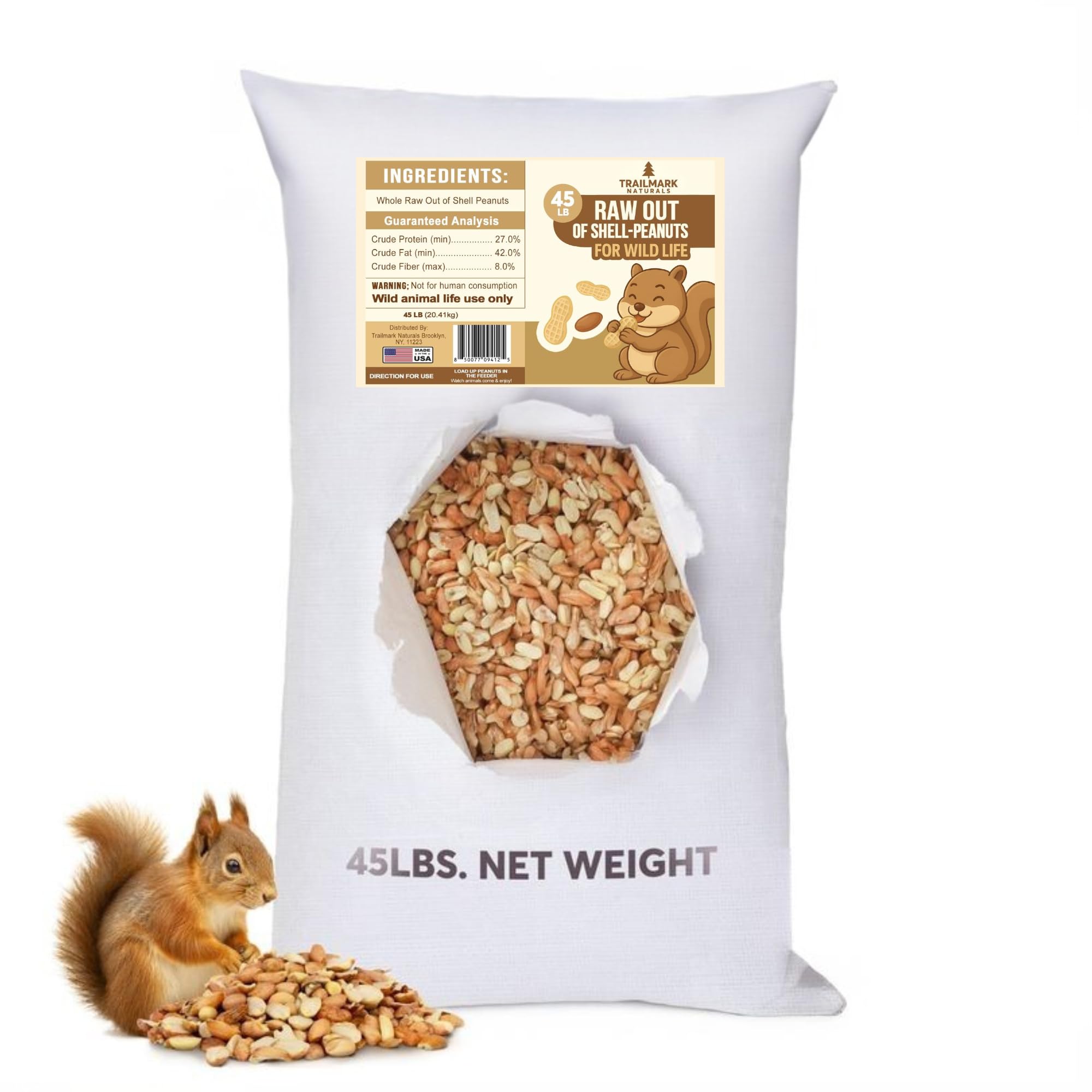Trailmark Naturals - 45 LB - Raw Shelled Peanuts For Squirrels, Out of Shell Peanuts For Birds and Wildlife- Squirrel Food, Wild