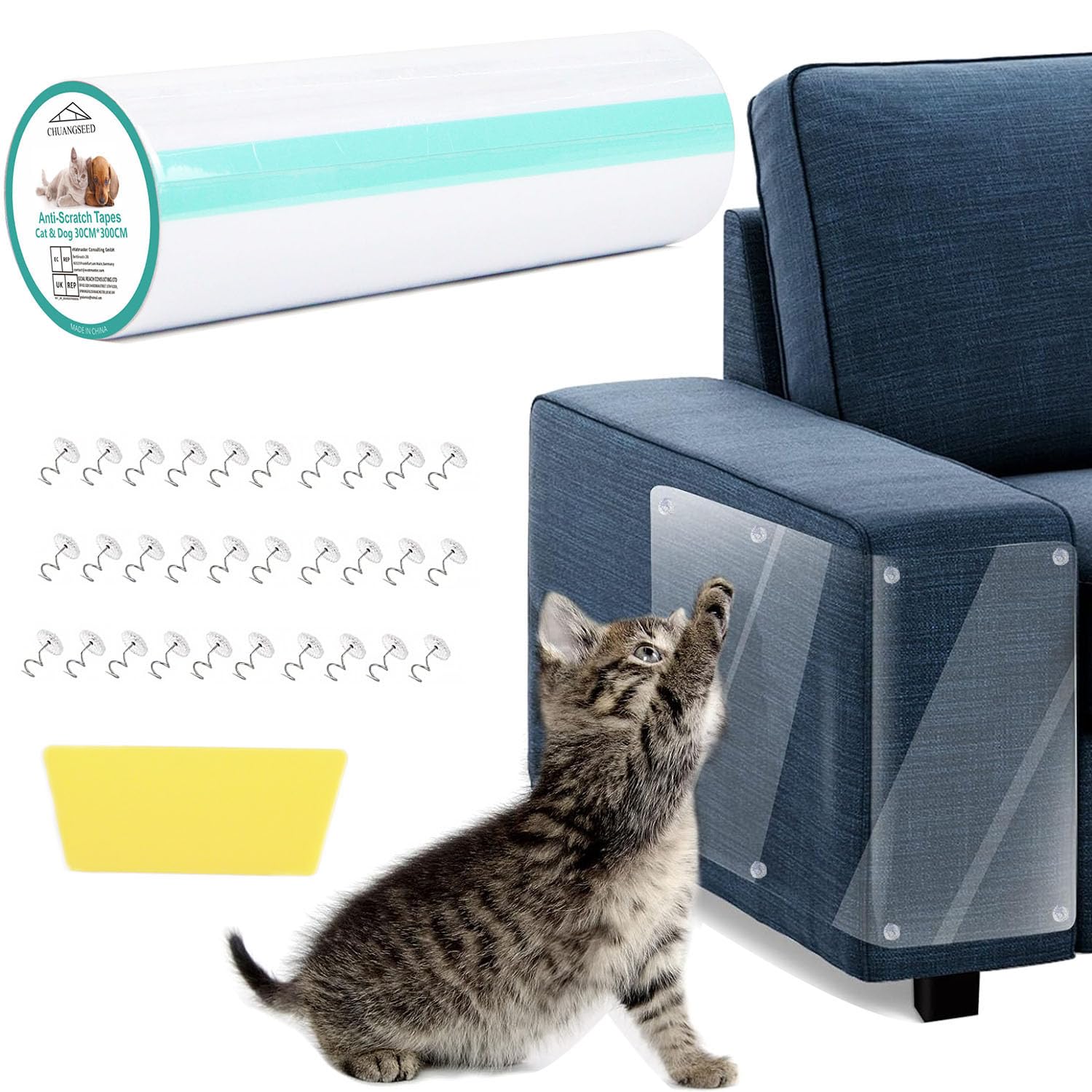 Anti Cat Scratch Furniture Protector, 118'' X 12'', Single Side Couch Furnitureprotector For Cats, 30 Twist Pins +1 Scraper