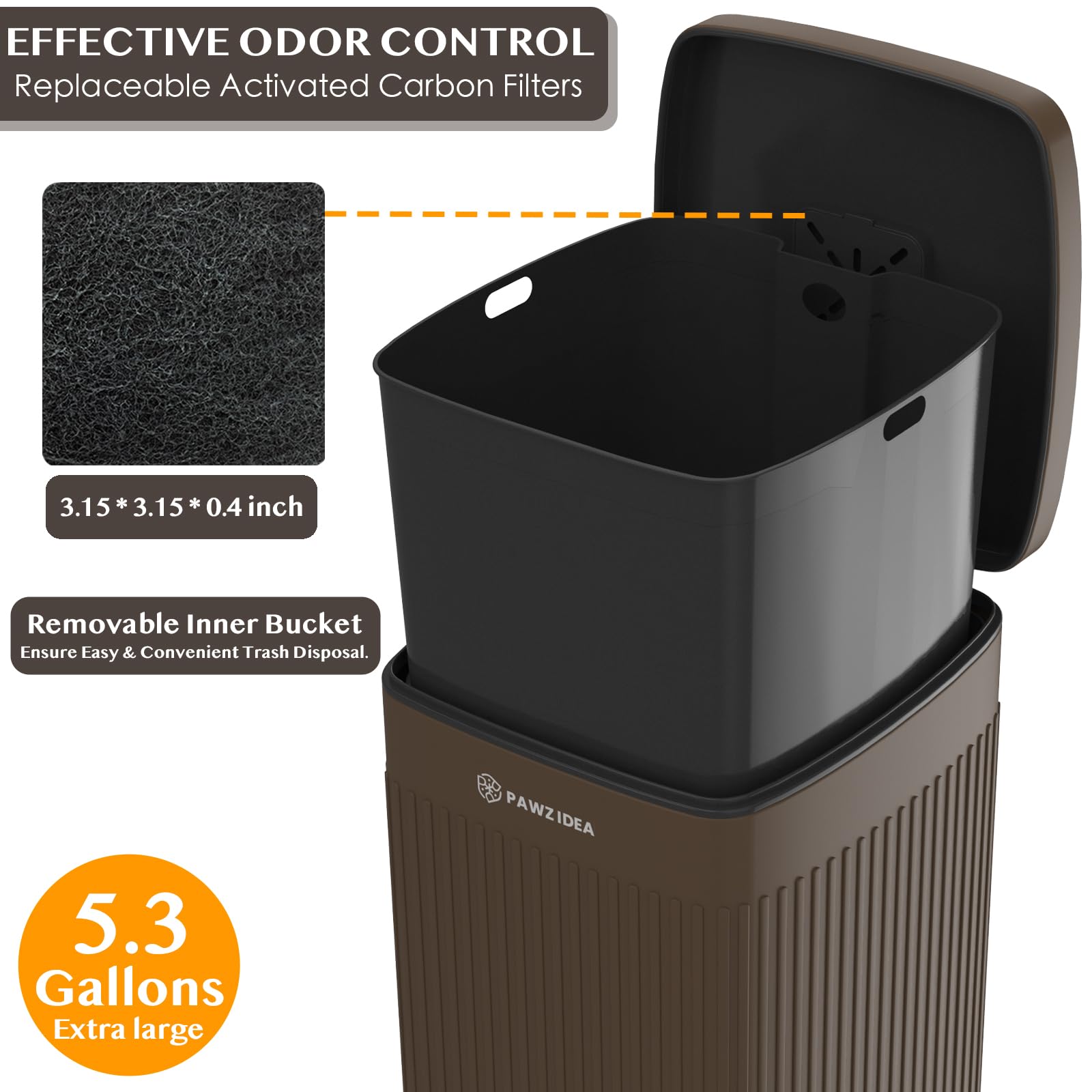 PAWZIDEA Dog Poop Trash Can - 5.3 Gallon, Waterproof, Odor Control, Chocolate Brown, Alloy Steel, Model WAKAPET04