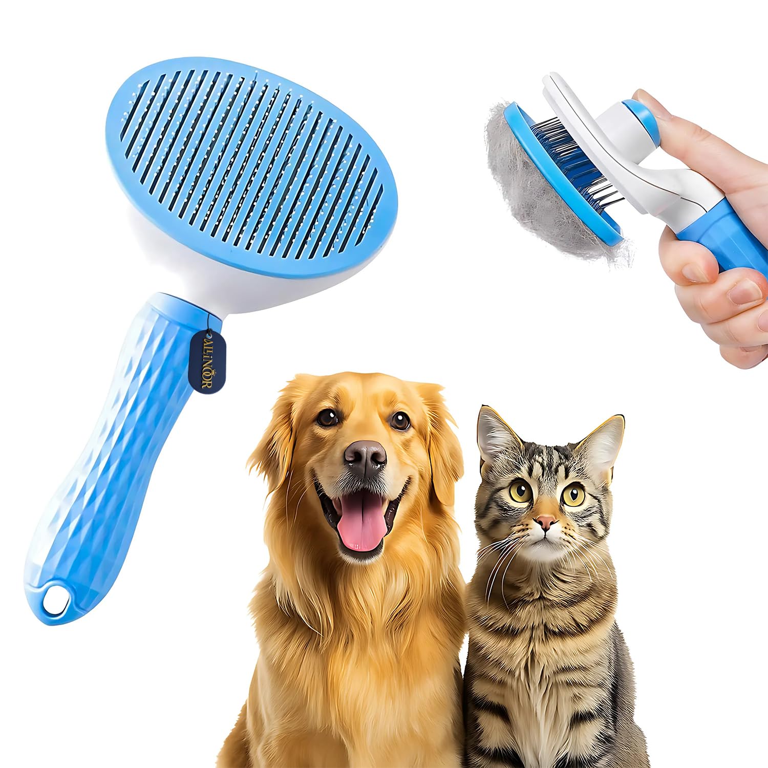 Allinoor Self Cleaning Pet Grooming Brush With Rear Button | Oval Shape Deshedding Comb For Dogs & Cats | Heavy Duty AntiSlip R