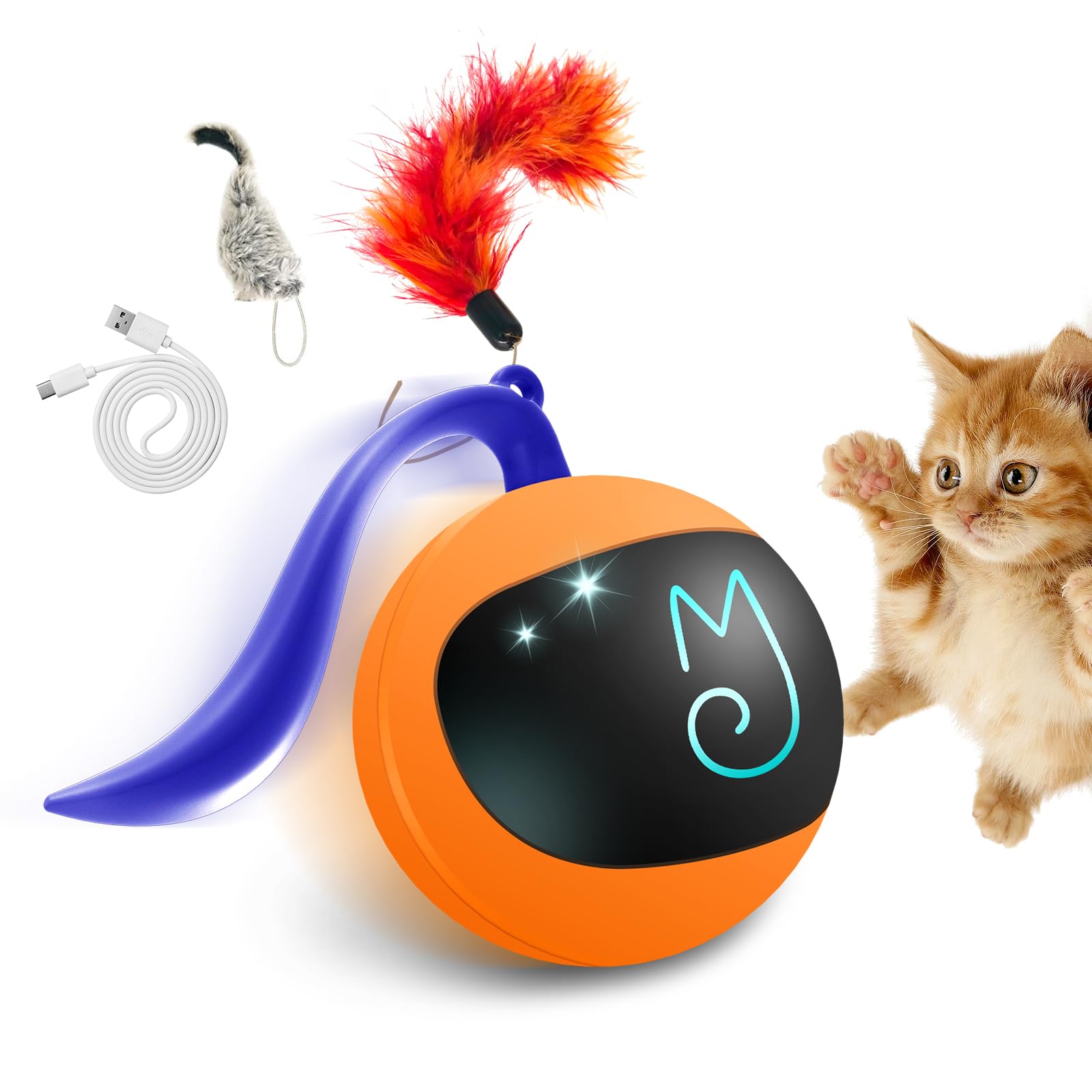 Migipaws Interactive Cat Ball Toy Set, Fun Tracker, Automatic Rolling Chase Ball With Fluffy Tail, A Small Mice, Rechargeable(Orange)