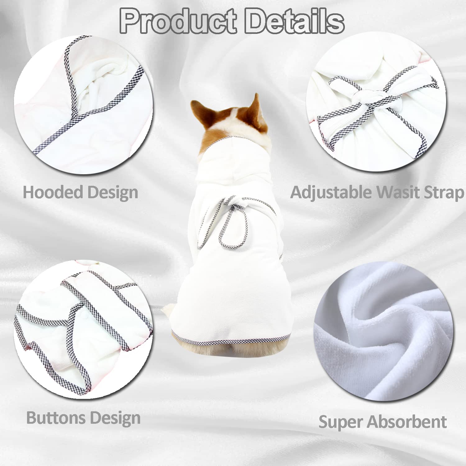Dog Bathrobe, Microfiber Fast Drying Absorbent Hooded Bath Towel White For Puppy Small Medium Large Dog Cat (S, White)