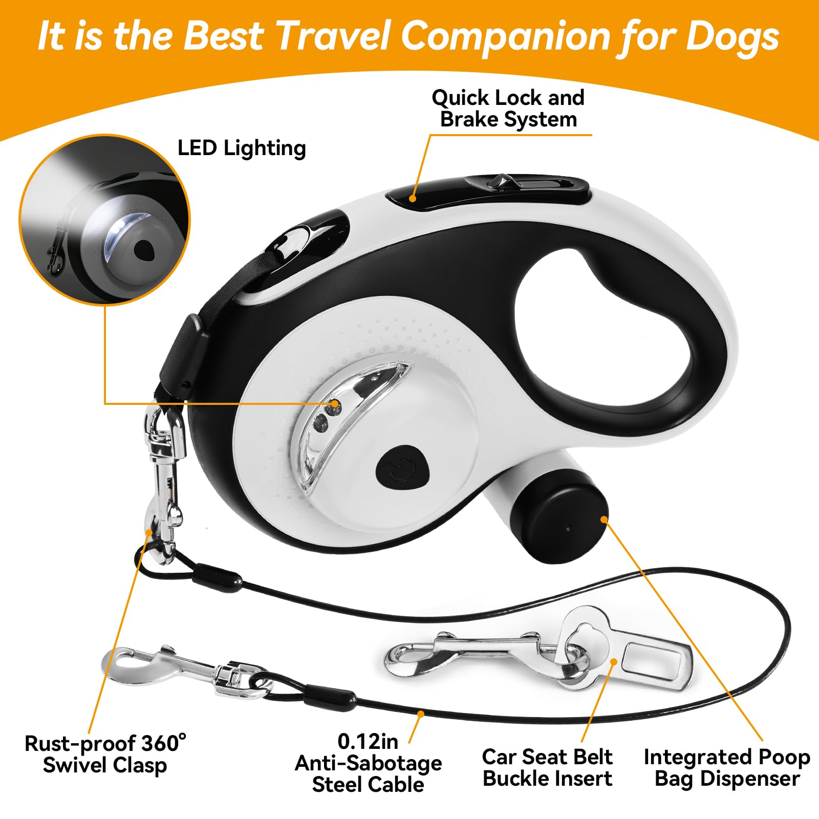 Odriew Retractable Dog Leash For Small Dogs-Medium Pet, 16Ft For Dog Up To 75Lbs, With Chew Proof Cable, Led Light, Dispenser, P