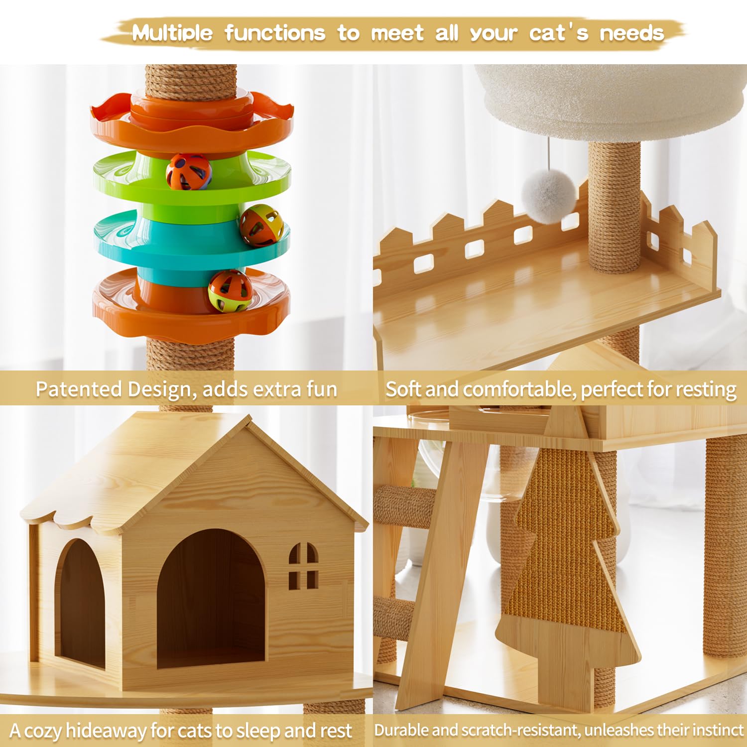 Elegaif Cat Tree Tower, 60.7" Wooden Cat Condo with Sisal Scratching Posts & Acrylic Hammock for Indoor Cats, Model B64