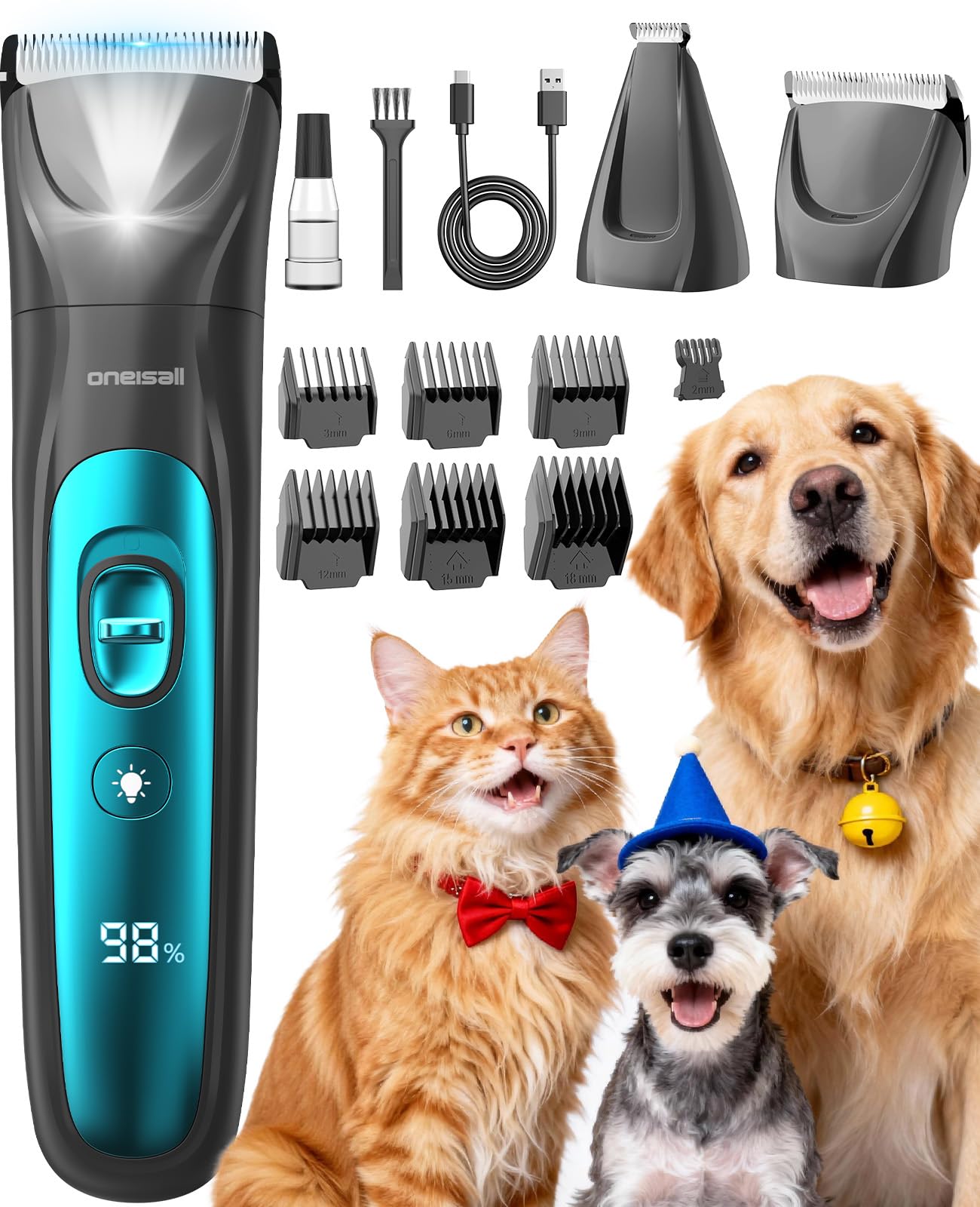 oneisall LED Light Dog Trimmer Clippers, Cordless Dog Grooming Kit 2 in 1, 2000mAh Pet Grooming Clippers Paw Trimmer for Paw, Fa