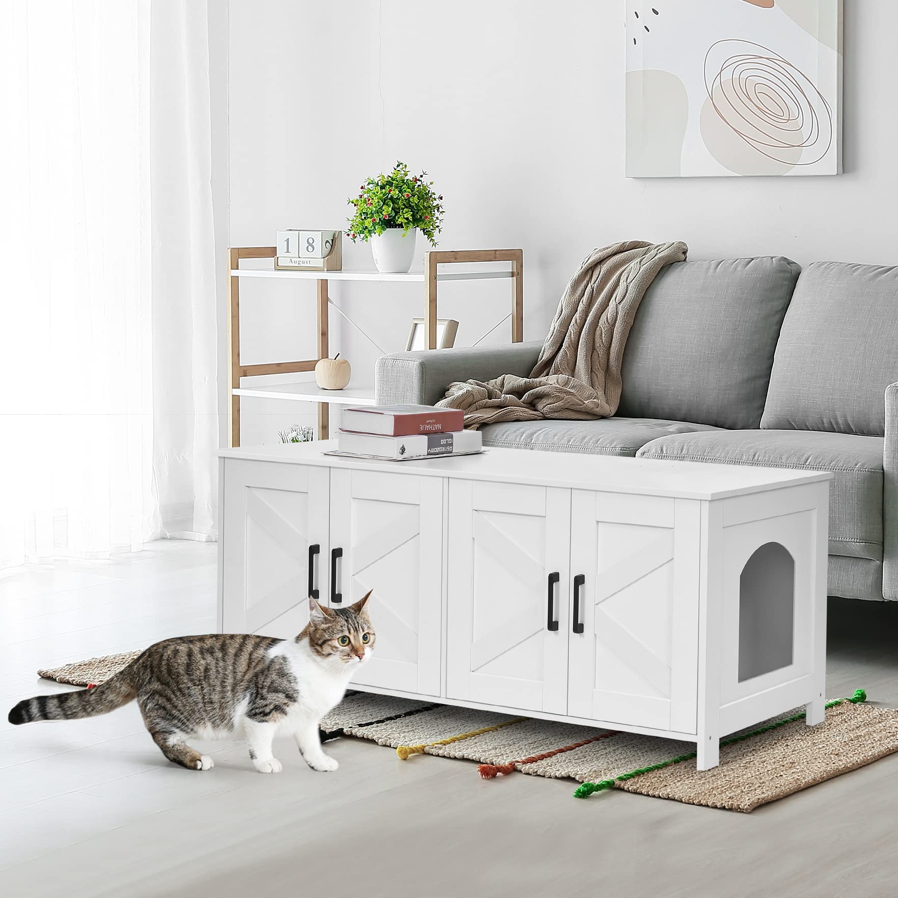 Homhedy Cat Litter Box Enclosure For 2 Cats, Litter Box Furniture Hidden With Double Room,Wooden Cat Washroom Furniture,Cat Hous