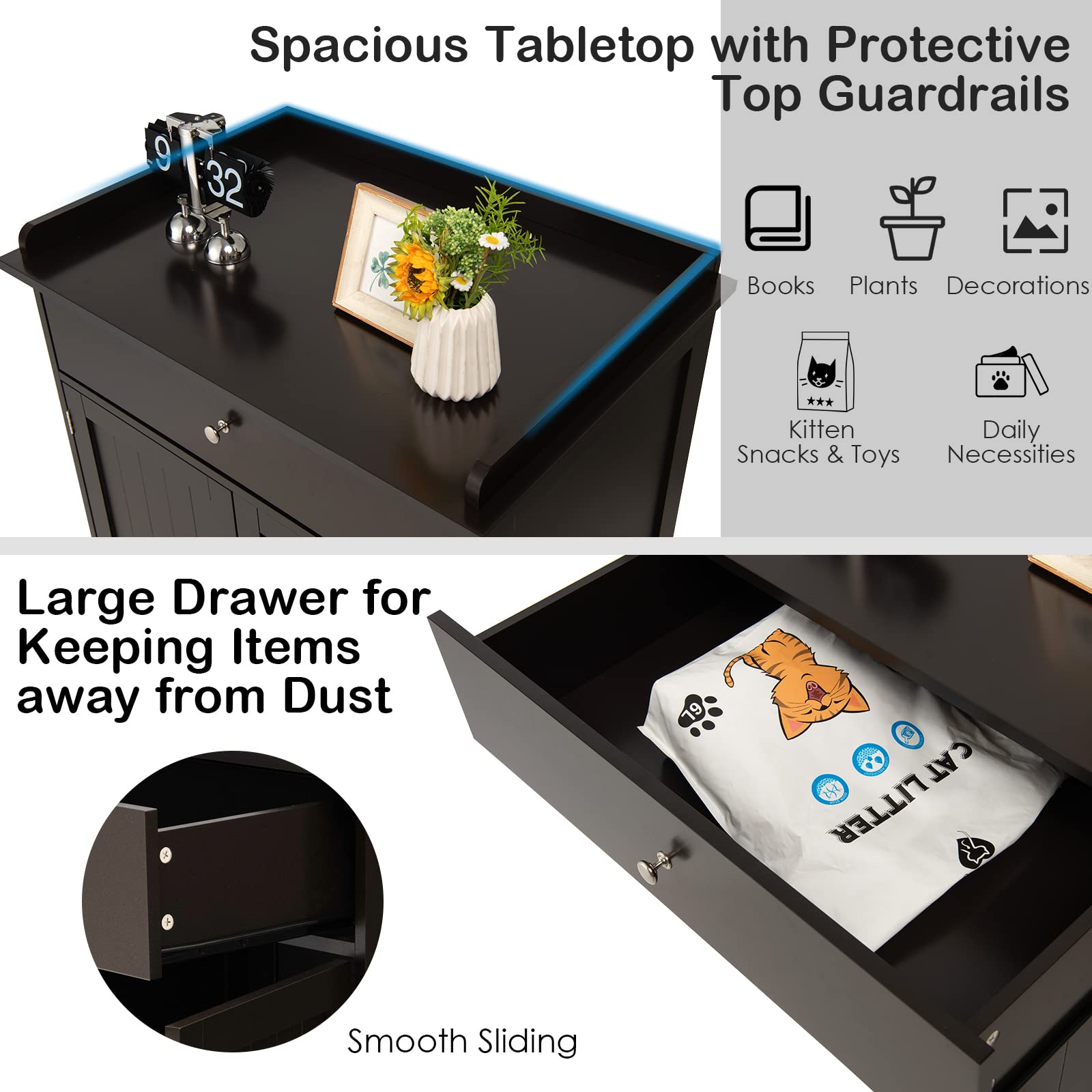 PETSITE Cat Litter Box Enclosure, Large Cat Washroom End Table with Drawer & 2 Doors, Wooden Cat House Storage Cabinet, Hidden L