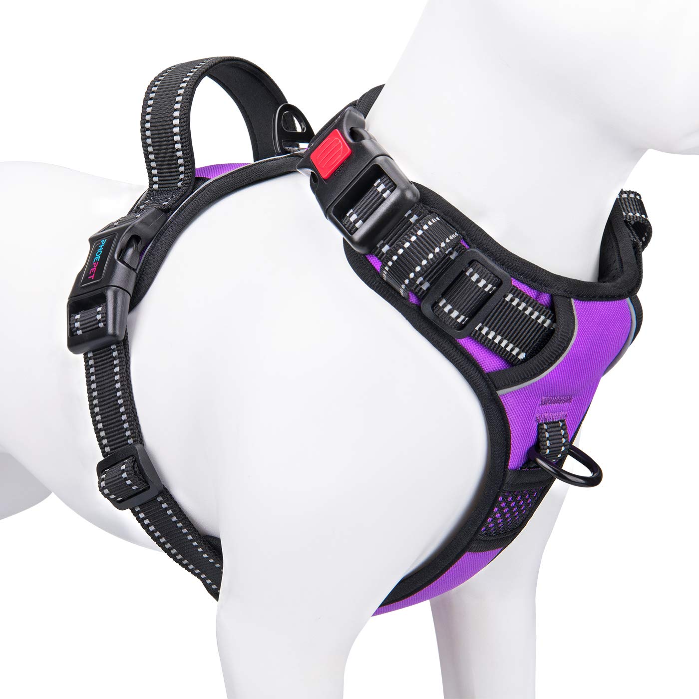 Phoepet Reflective Dog Harness Large Breed Adjustable No Pull Vest With With Handle 2 Metal Rings 3 Buckles [Easy To Put On & Take Off](L, Purple)