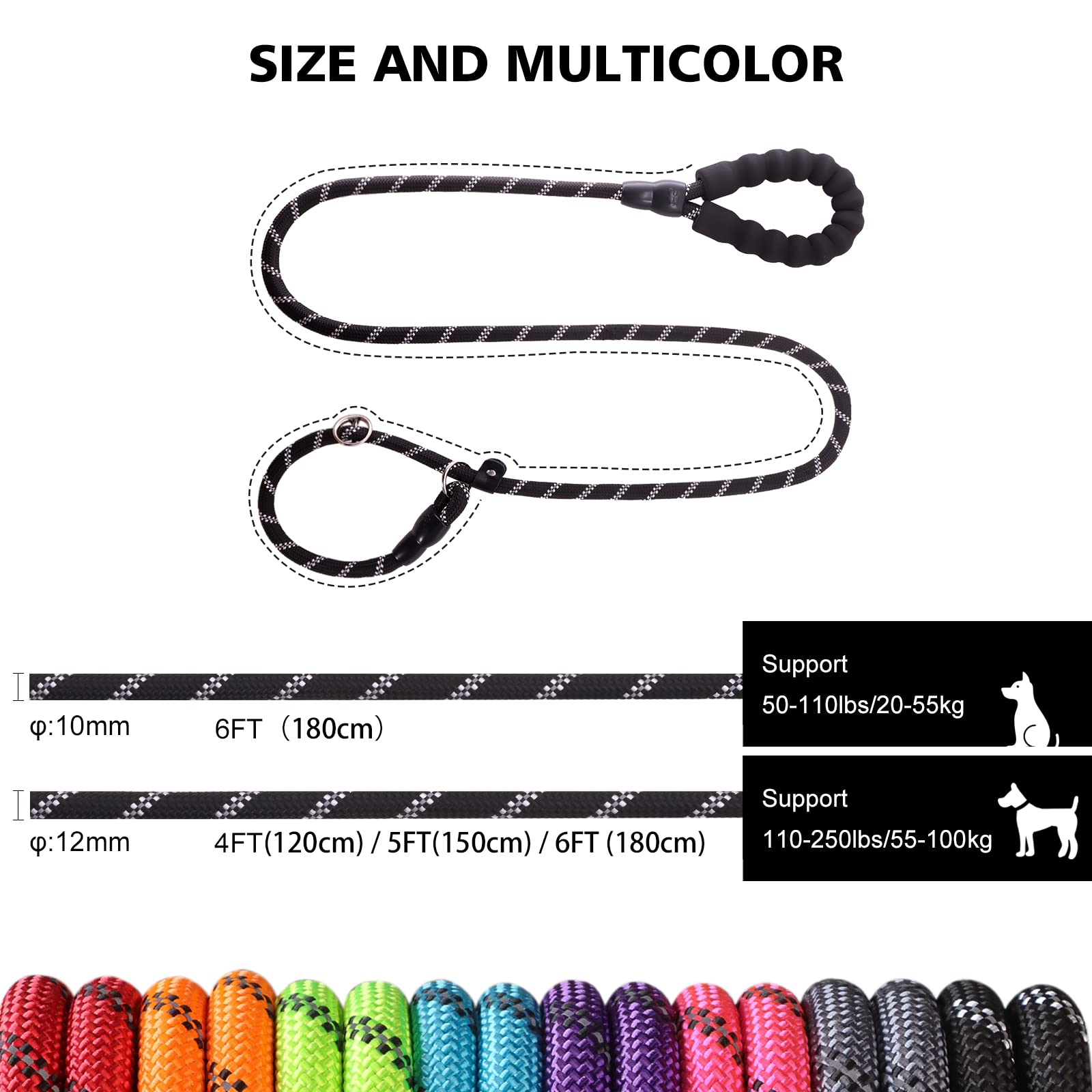 Betmaypet Slip Lead Dog Leash - 4/5/6 FT With Comfortable Handle - Reflective & Heavy Duty Rope for Training (1/2''- 5FT, Grey)