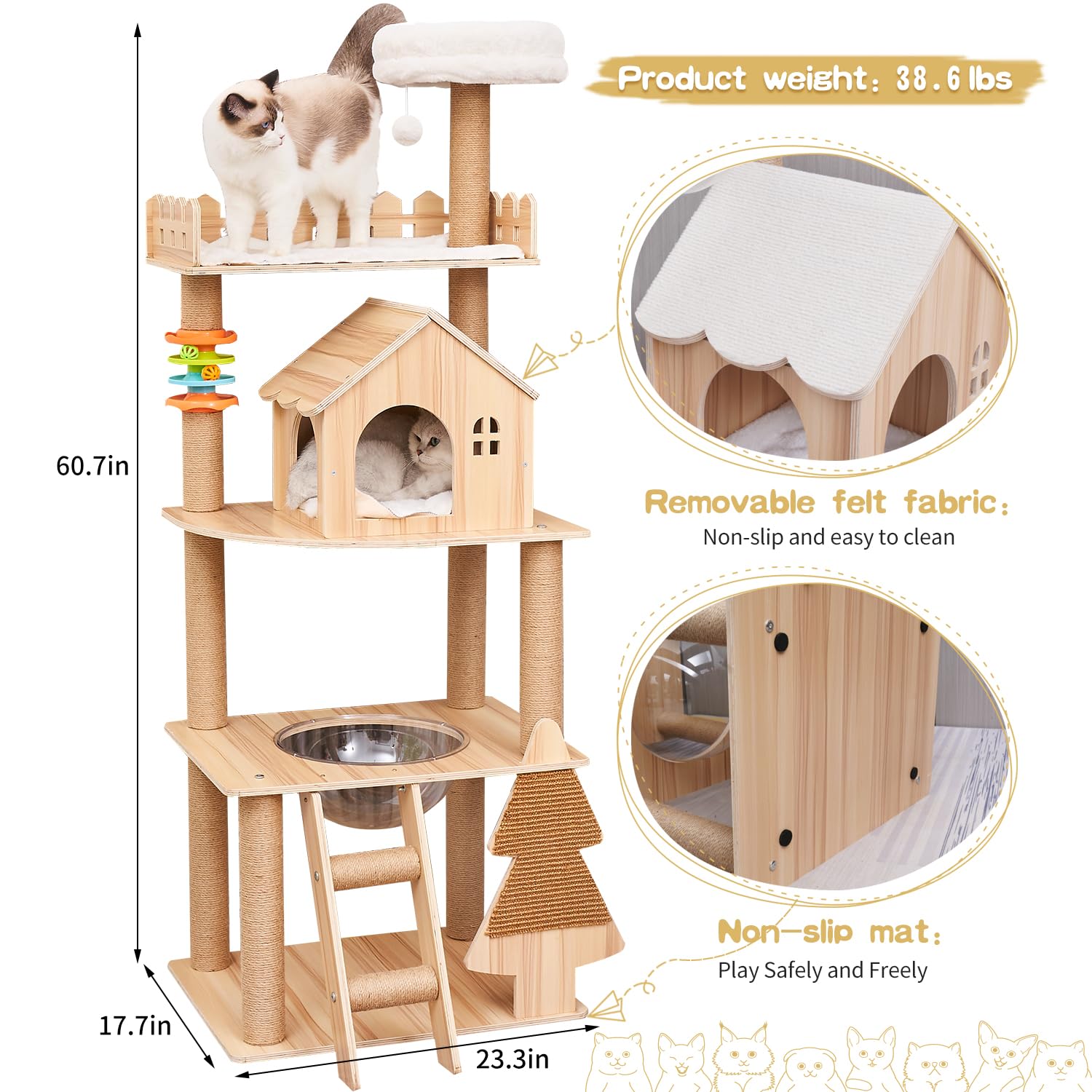 Elegaif Cat Tree Tower, 60.7" Wooden Cat Condo with Sisal Scratching Posts & Acrylic Hammock for Indoor Cats, Model B64