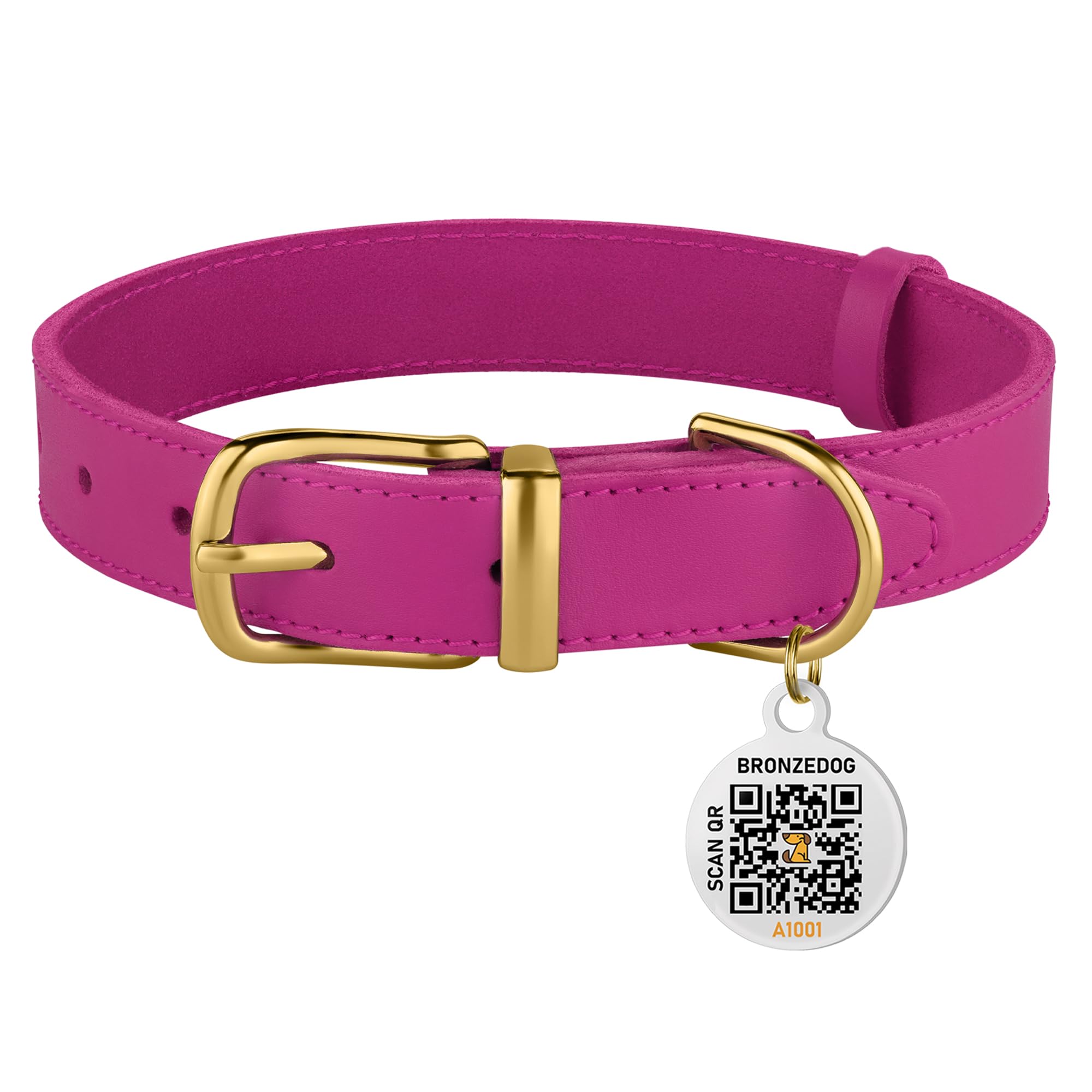 Bronzedog Leather Dog Collar With Metal Buckle Durable Basic Pet Collars For Small Medium Large Dogs (14-17 Inch (Pack Of 1), Pink & Gold Buckle)