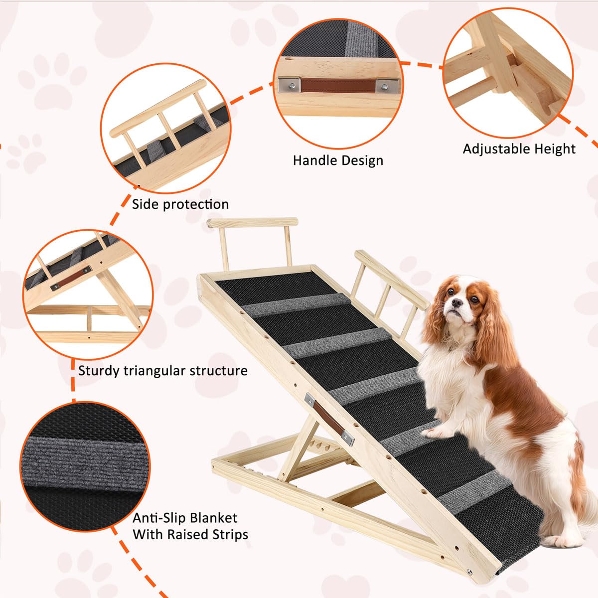 GaliGali Dog Ramp - Adjustable 43.3" Wooden Pet Ramp with Non-Slip Pad for Small Dogs & Cats - Grey, Model GGPTZHI-110