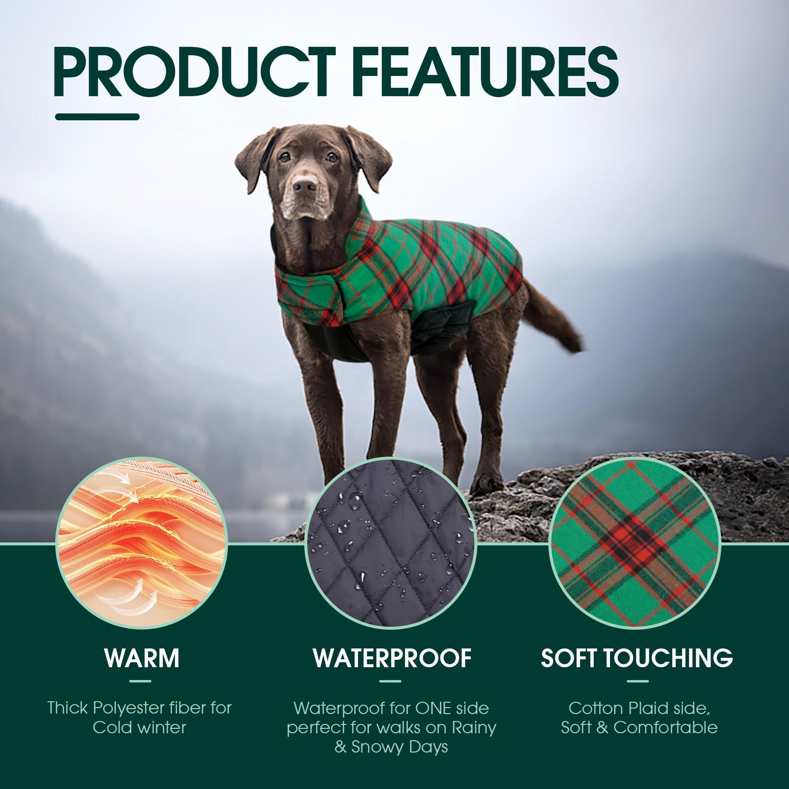 Kuoser Warm Dog Coat, Reversible Dog Jacket Waterproof Dog Winter Coat British Style Plaid Dog Clothes Pet Dog Cold Weather Coats Cozy Snow Jacket Vest For Small Medium Large Dogs Christmas Green L