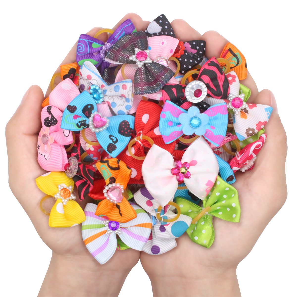 Yoy 50 Pcs Adorable Grosgrain Ribbon Pet Dog Hair Bows With Elastic Rubber Bands - Doggy Kitty Topknot Grooming Accessories Set