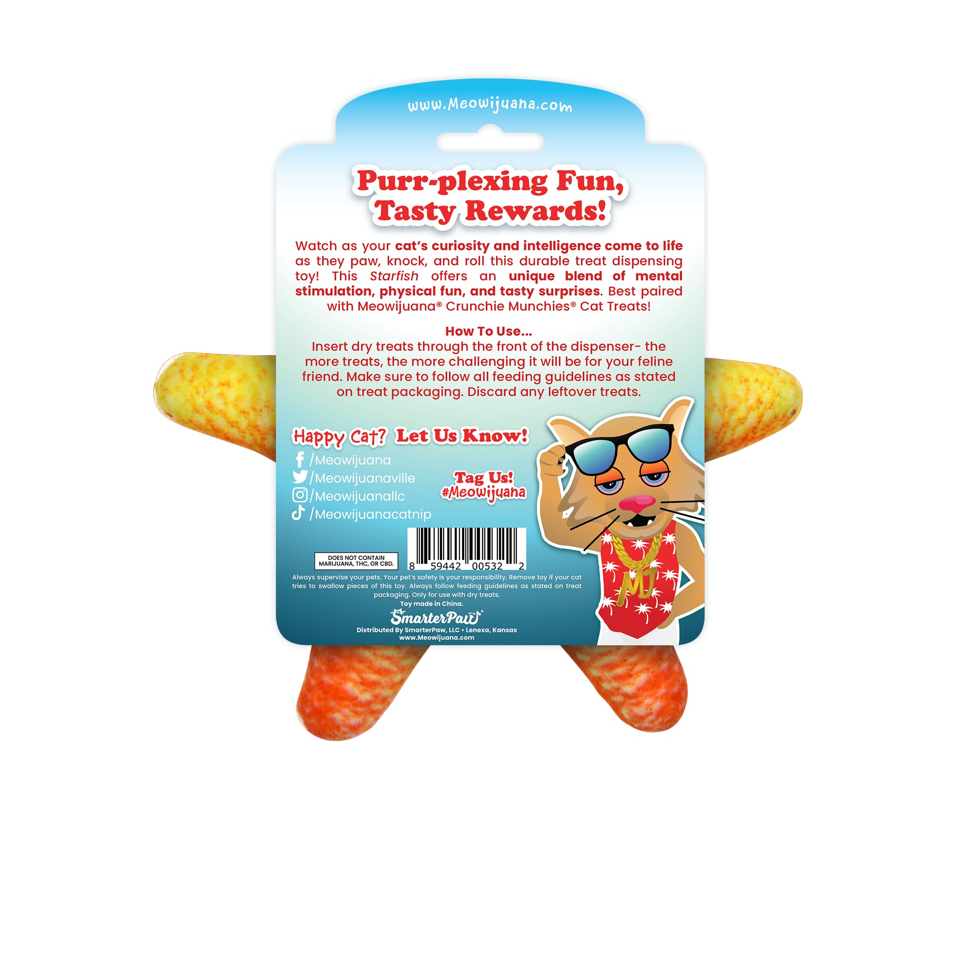 Meowijuana Knock N Nibble Starfish | Refillable Treat Dispensing Cat Toy | Promotes Play and Cat Health | Interactive Puzzle To