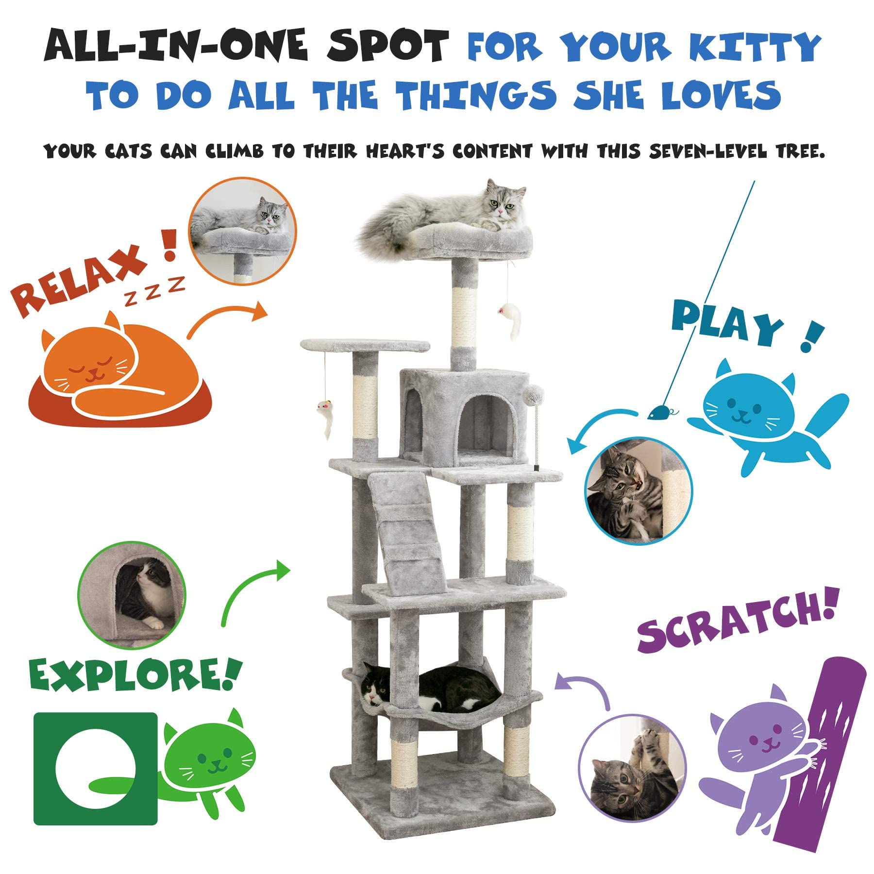 Mwpo 63.8 Inches Multi-Level Cat Tree For Large Cats With Sisal-Covered Scratching Posts, Padded Platform, Hammock And Condo,Stable Cat Tower Cat Condo Pet Play House-Light Gray