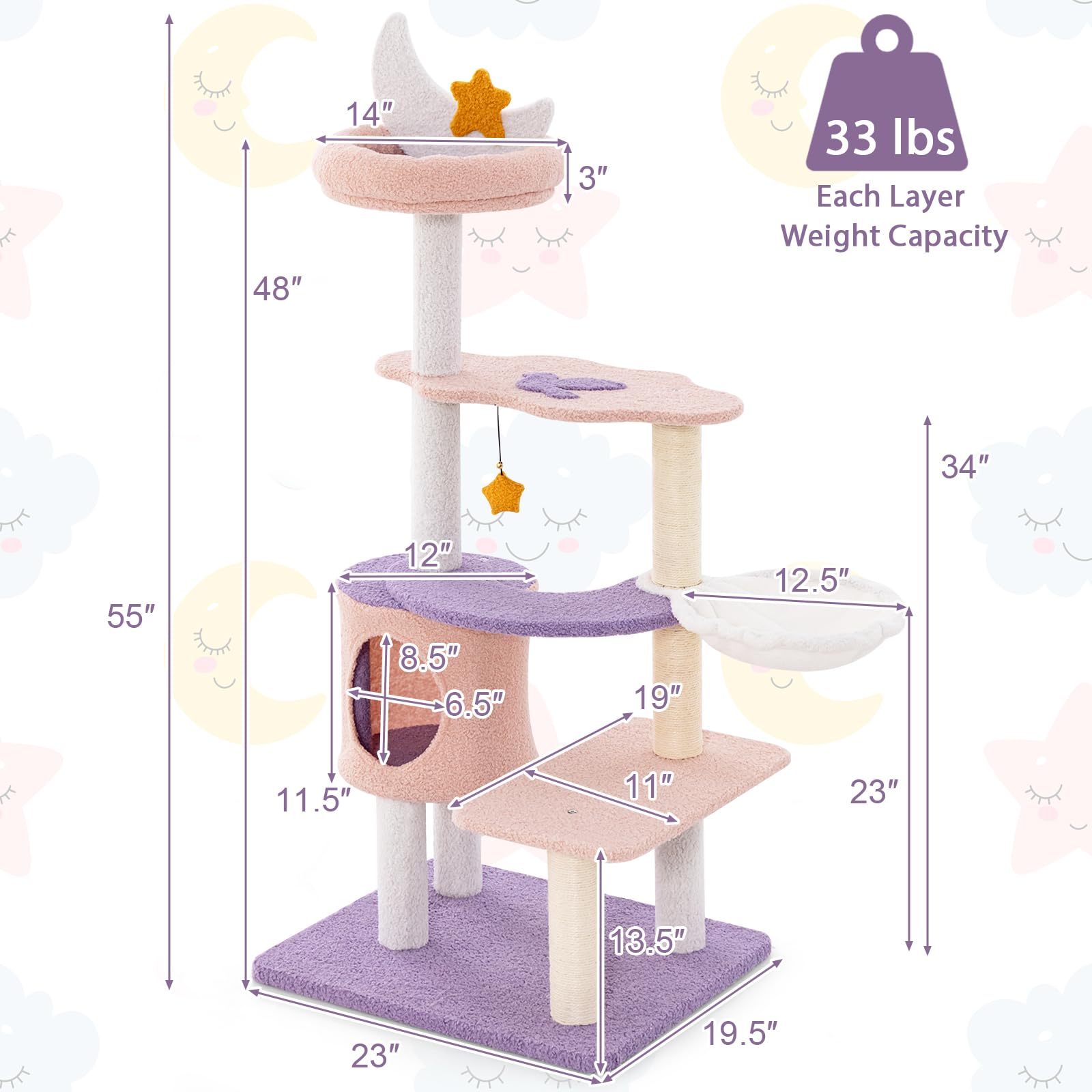 Tangkula Cat Tree Tower, 55 Inch Multi-Level Cat Tower With Cat Condo, Sisal Scratching Posts, Moon Star Plush Perch, Hammock, Cloud Platforms, Dangling Toys, Cute Purple Pink Cat Tree For Indoor Cats