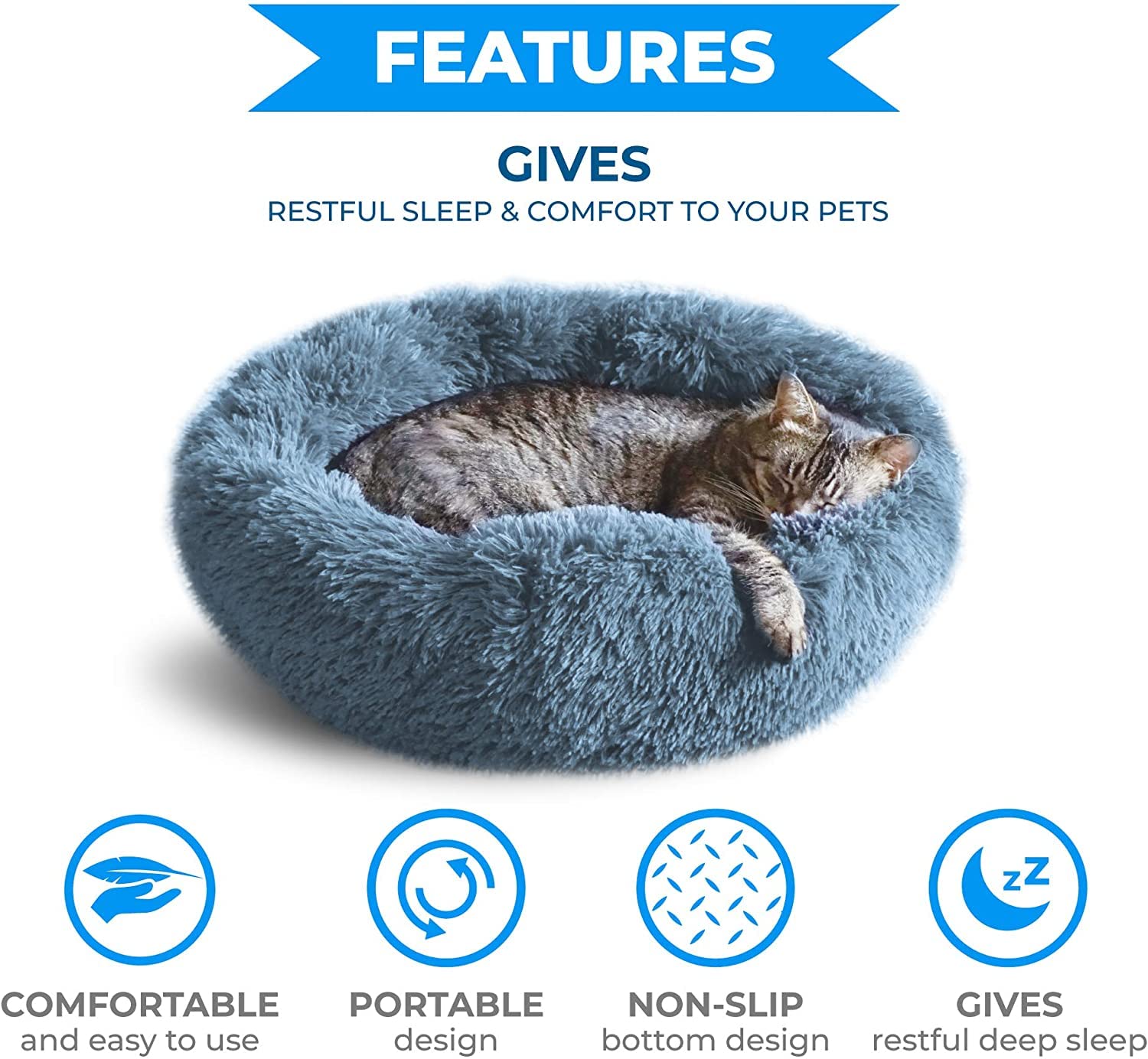 Whiskers & Friends Cat Bed - Plush, Navy-Grey, 23"x23"x7" - Washable Anti-Anxiety Bed for Small Cats & Dogs