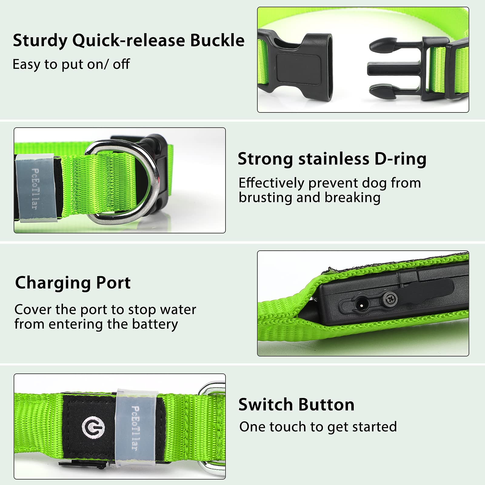PcEoTllar LED Light Up Dog Collar - Rechargeable, Color Changing, Waterproof, L(19-23.6 inch), Green, Model DC5200RGB