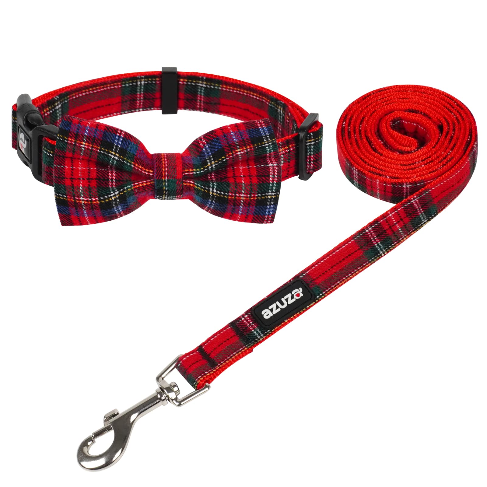 Azuza Christmas Buffalo Dog Collar And Leash Set, Classic Plaid Collar With Removable Bowtie And Matching Leash For Medium Dogs