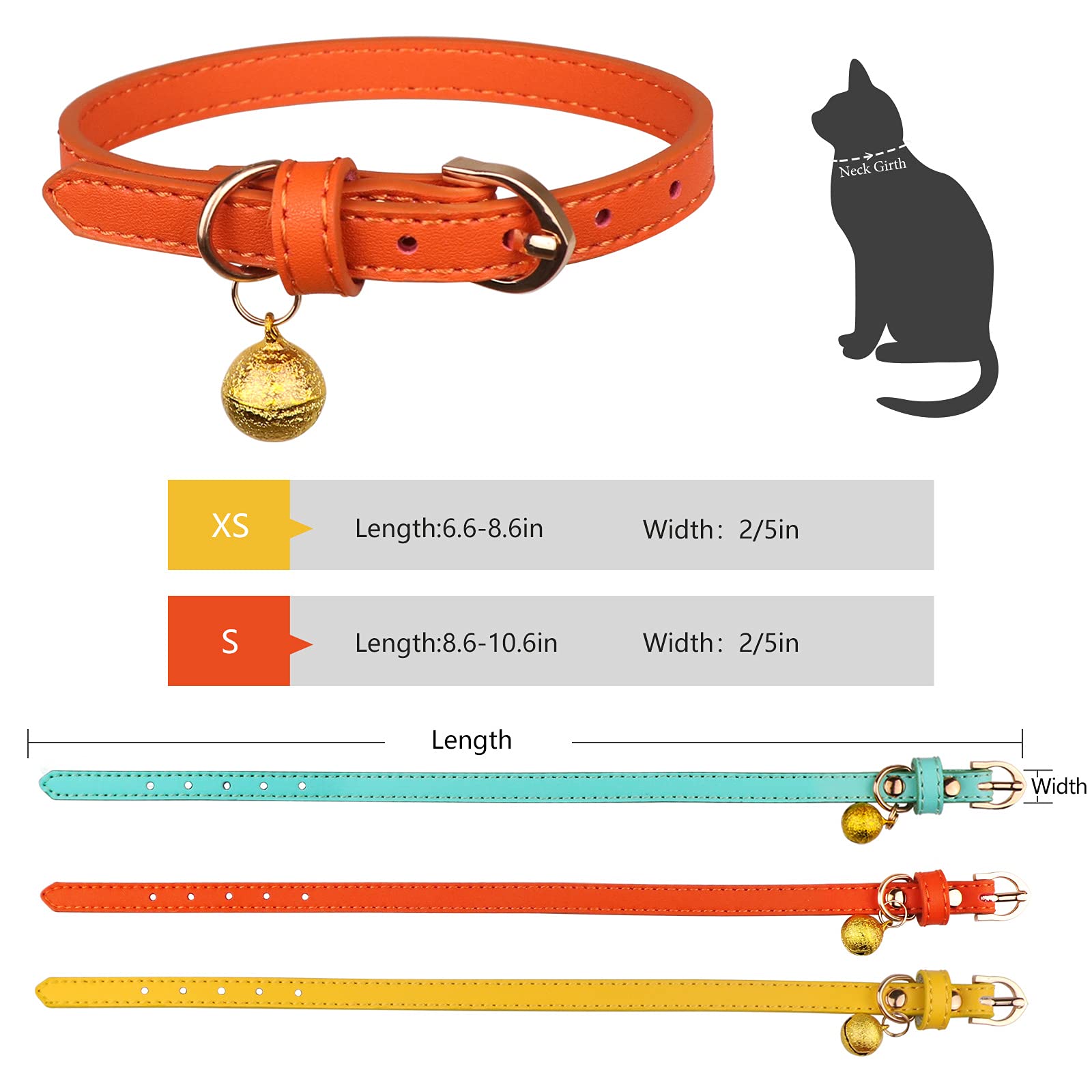 Jamktepat 3 Pack Leather Cat Collars With Bells Soft Pet Safety Collar Kitten Collars With Bell Orange Yellow Mint Green(Xs)